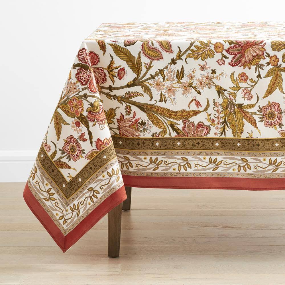 The Company Store Orange Jacobean 108 in. x 70 in. Brown Floral Cotton Tablecloth