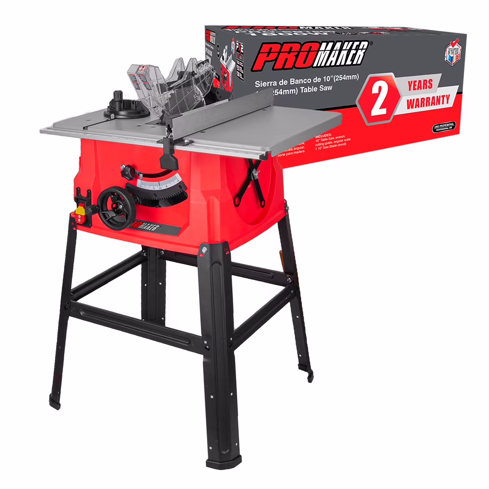 PROMAKER 10 Inch Table Saw, 15.5-Amp 5000RPM, Table Saw for Woodworking with Miter Gauge Scale, 0-45o Bevel Cuts and Straight Cuts at 90o, Includes Saw and  2 year warranty