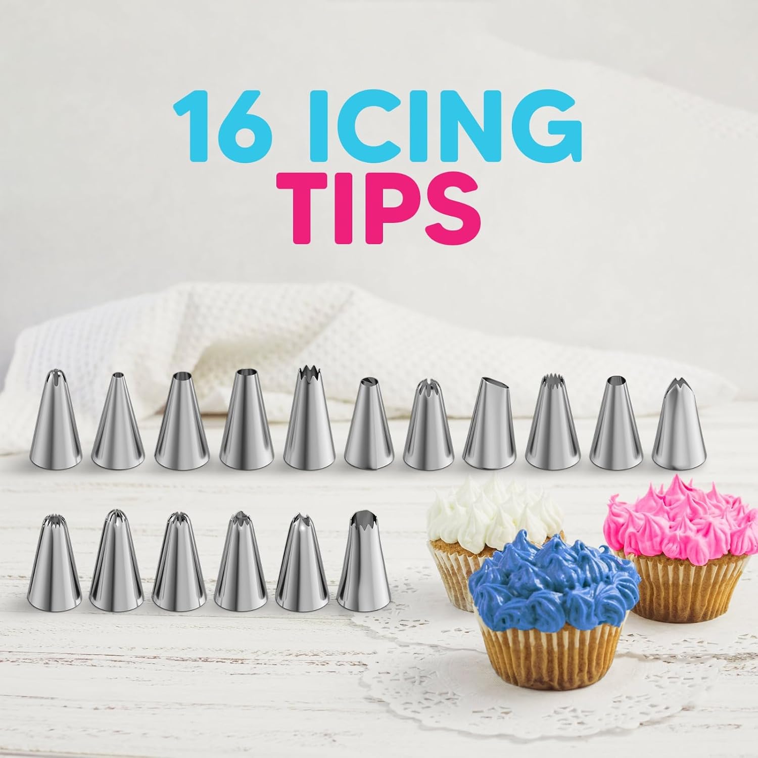 Riccle Piping Bags and Tips Set, 11.8 Inch 100 Anti-Burst Piping Bags, 124 Pcs Cake Decorating Kit with 16 Piping Tips, 1 Reusable Pastry Bag, 3 Cake Scrapers, 2 Couplers, and 2 Icing Bag Ties