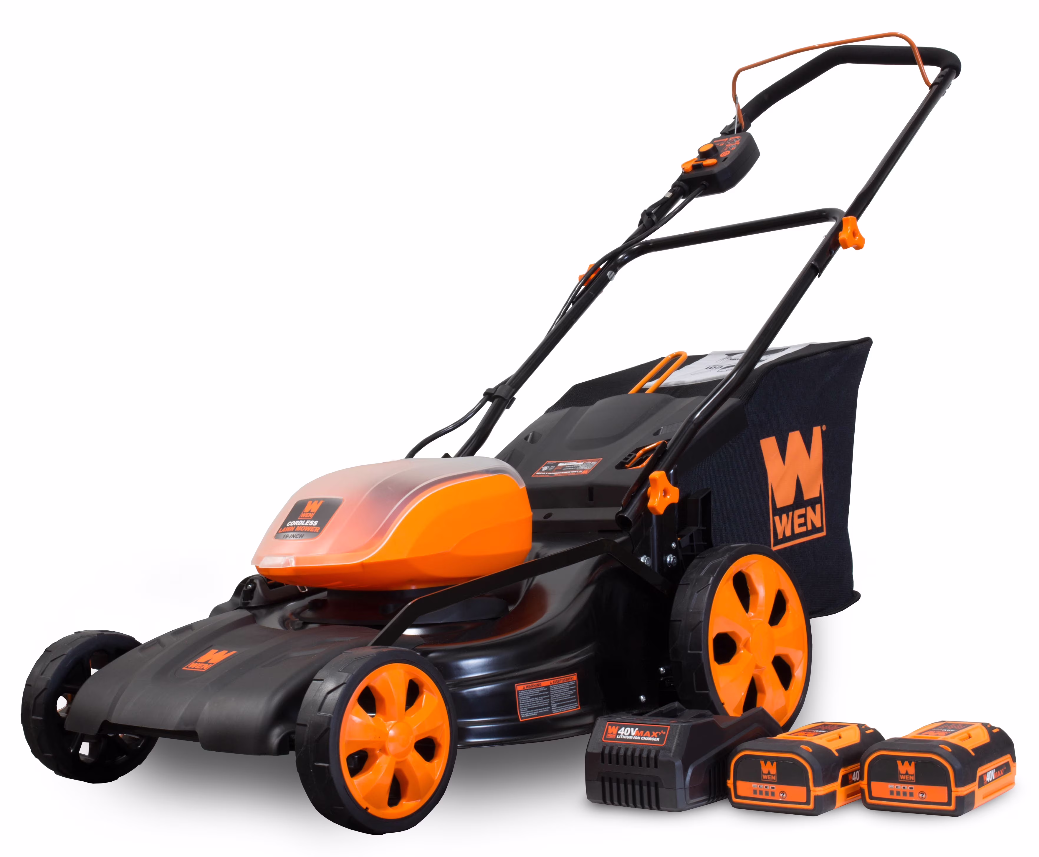 40V Max Lithium Ion 19 Inch Cordless 3 in 1 Lawn Mower with Two Batteries, 16 Gallon Bag and Charger
