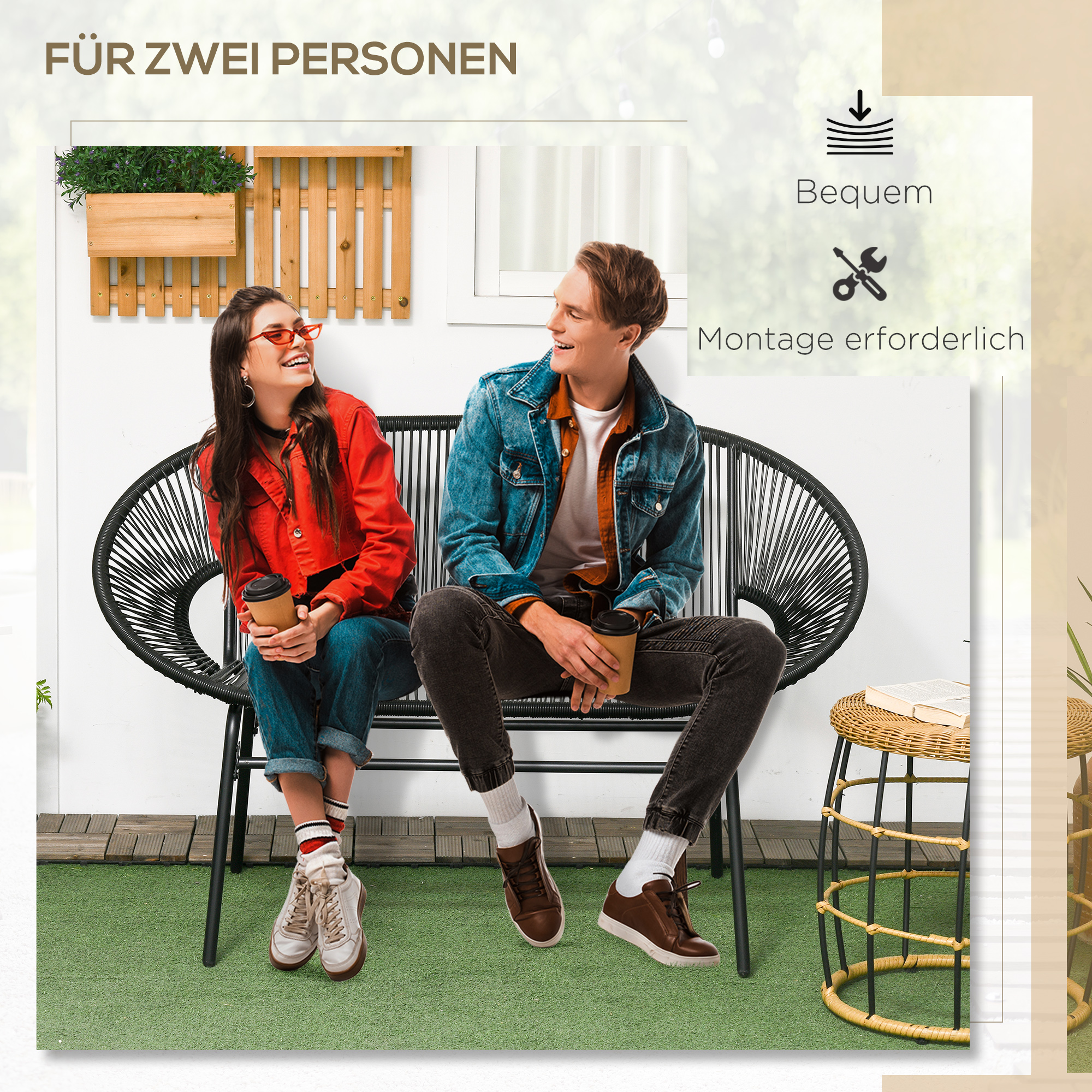 Outsunny Rieten Relaxstoel in Boho-stijl, 132 cm x 72 cm x 83 cm, Zwart