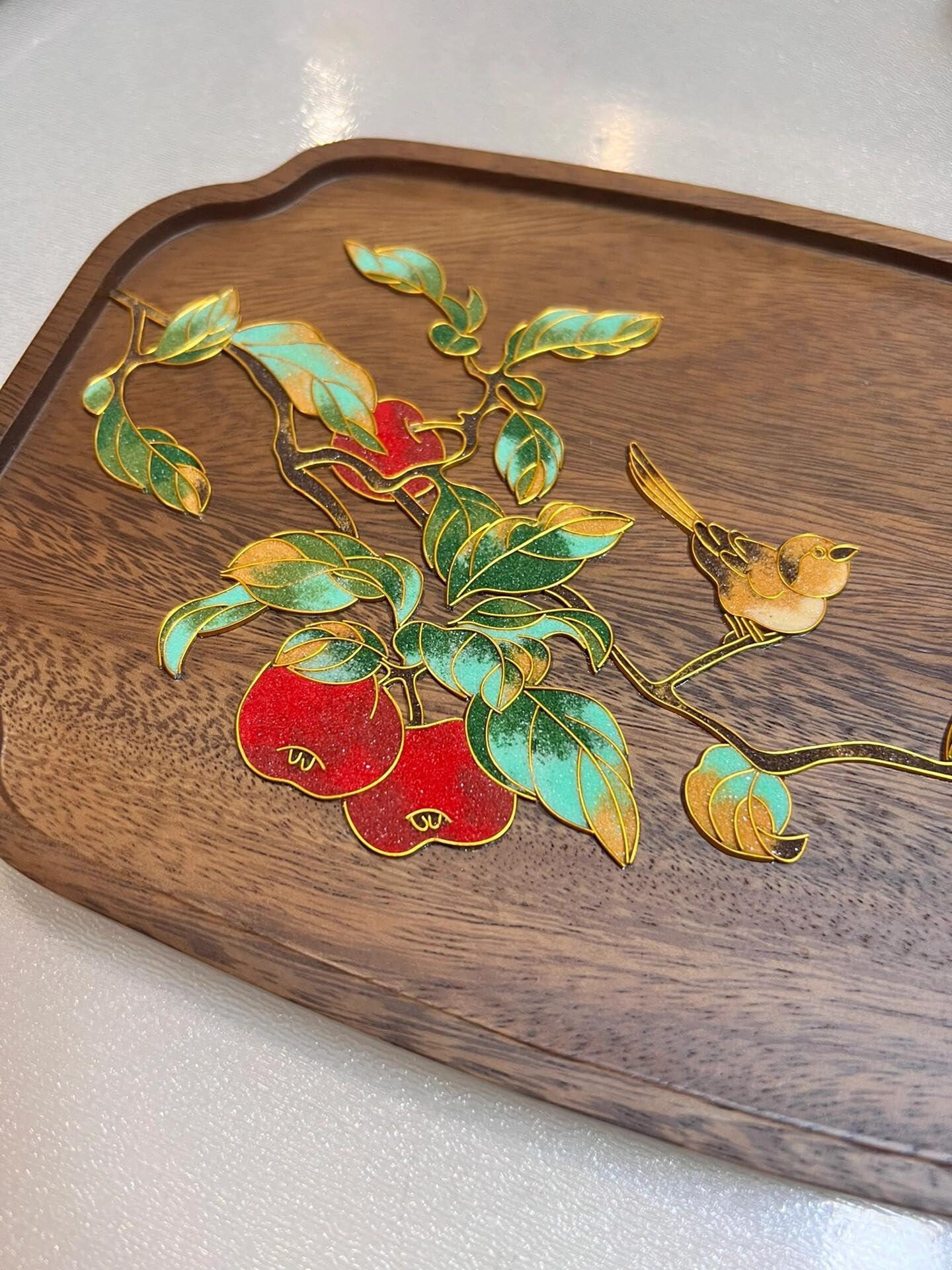 DIY Filigree Cloisonne Enamel Paint by Numbers Kit,Apples on Luxury Walnut Wood,Pre-Drawn Painting for Adults Beginners and Kids,5