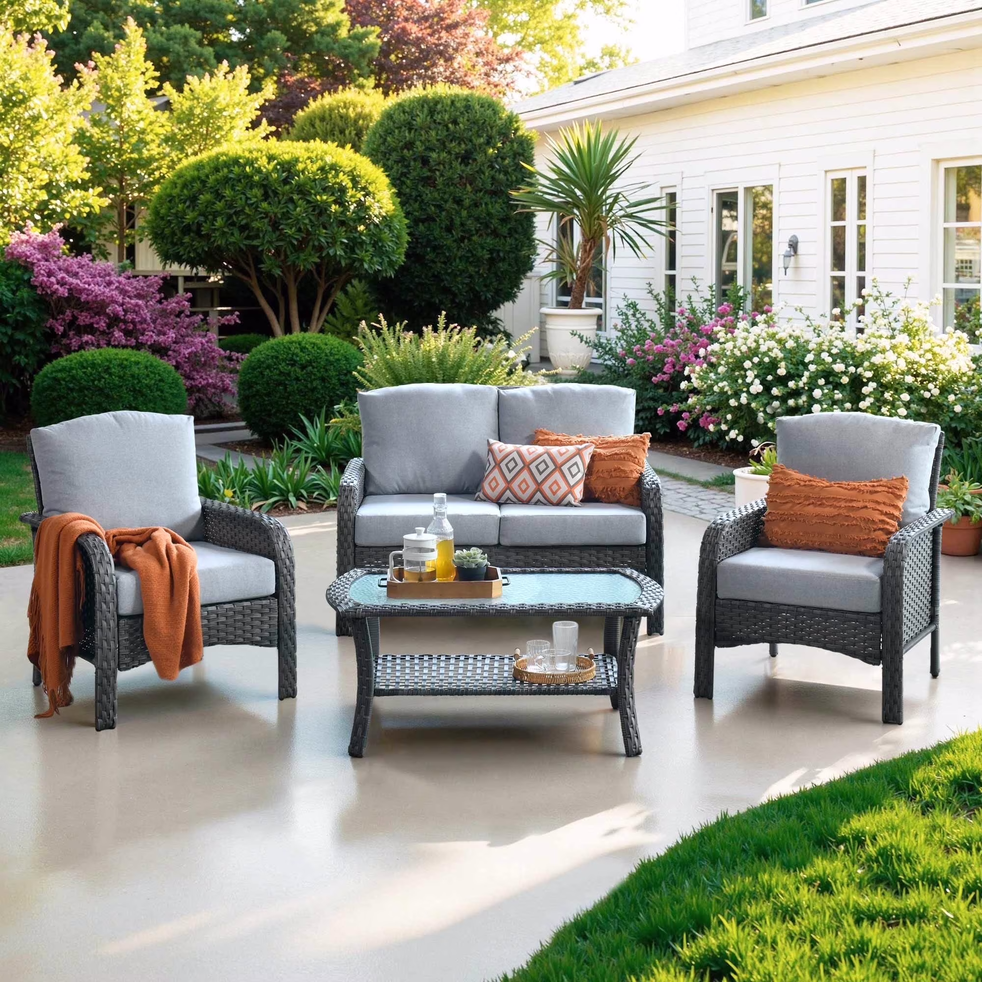 4 Pieces Wicker Outdoor Patio Furniture with Coffee Table High Back All Weather Rattan Outdoor Sectional Conversation Set for Backyard Porch Garden, Denim Blue(Denim Blue) - Image 9