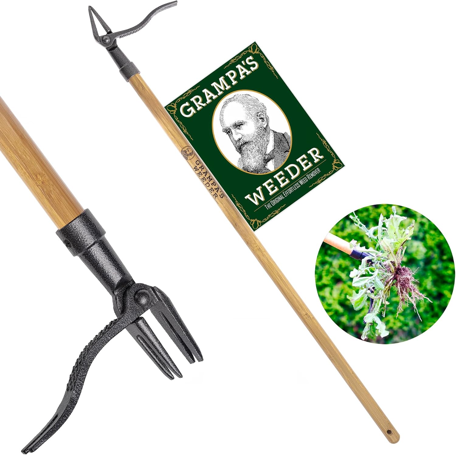 Grampa's Weeder Original Stand Up Weed Puller Tool with Bamboo Long Handle| 4-Claw Steel Head • Weeding Tool • Weed Remover Tool • Pulls Dandelions, Crabgrass & Taproots • No Bending • Saves Your Back