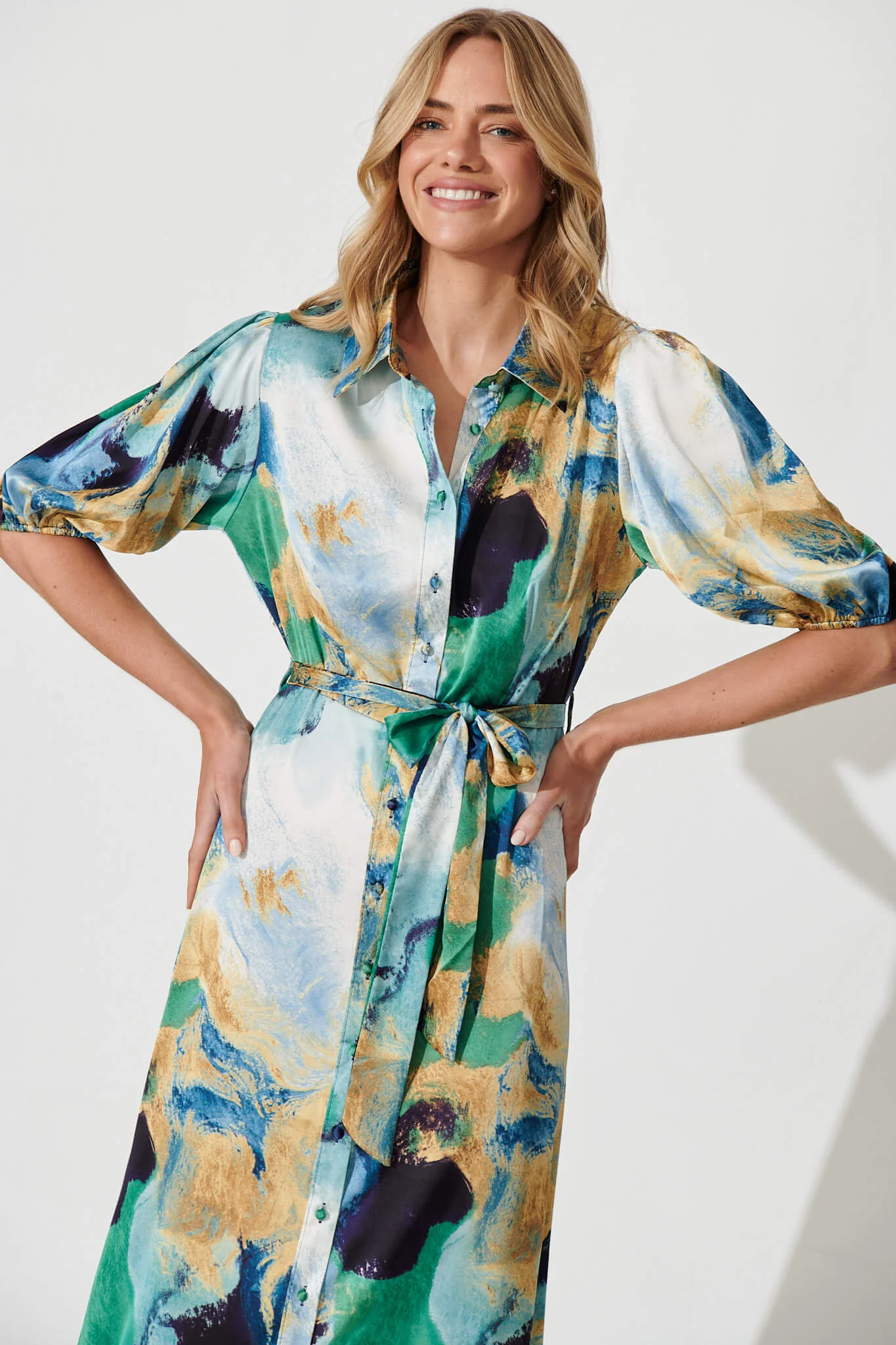 Gabriela Maxi Shirt Dress In Blue Green Watercolour