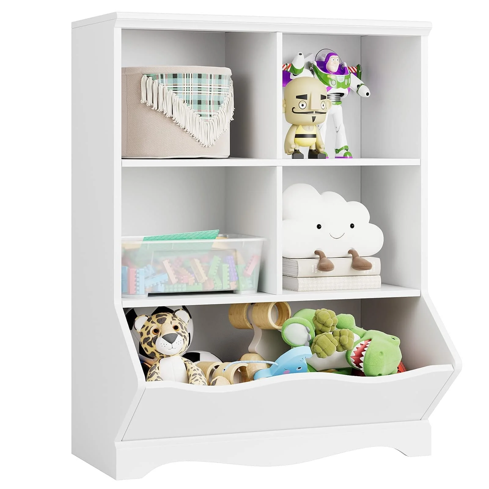 Kid's Cubby Toy Storage Cabinet, Wood Toy Organizer of 5 Bins, Children's White Bookcase, Toy Chest for Bedroom Living Room - Image 6