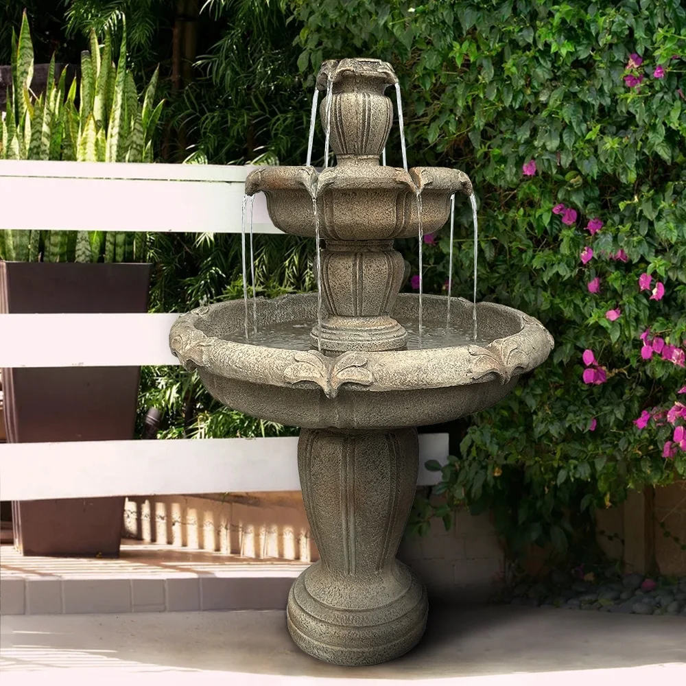 Indoor/Outdoor 3 - Tiers Concrete Floor Water Fountain with Electric Pump for Patio Lawn Home Decor