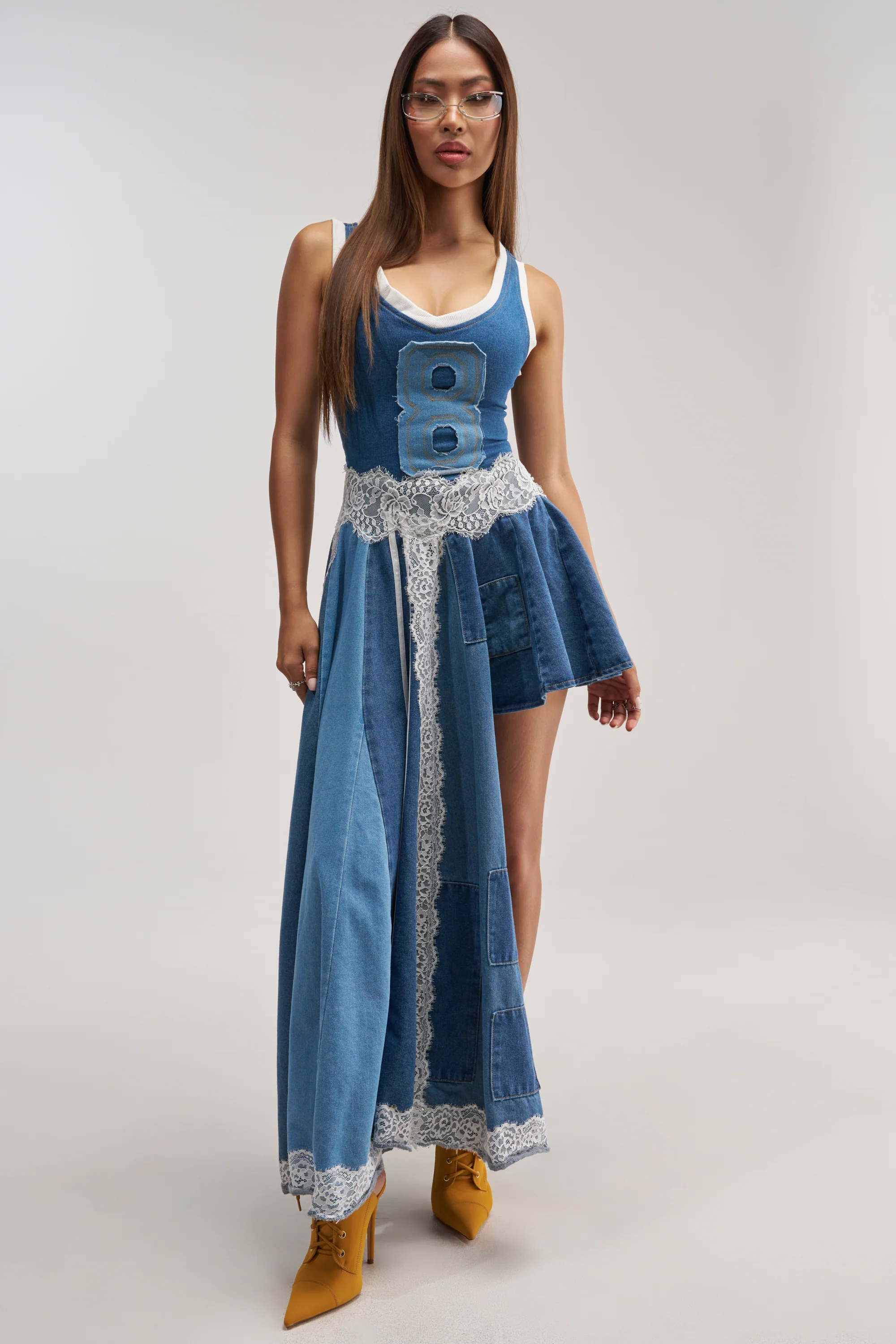 BOSSED UP DENIM MINI DRESS IN LIGHT BLUE DENIM PATCHWORK - Akira Store