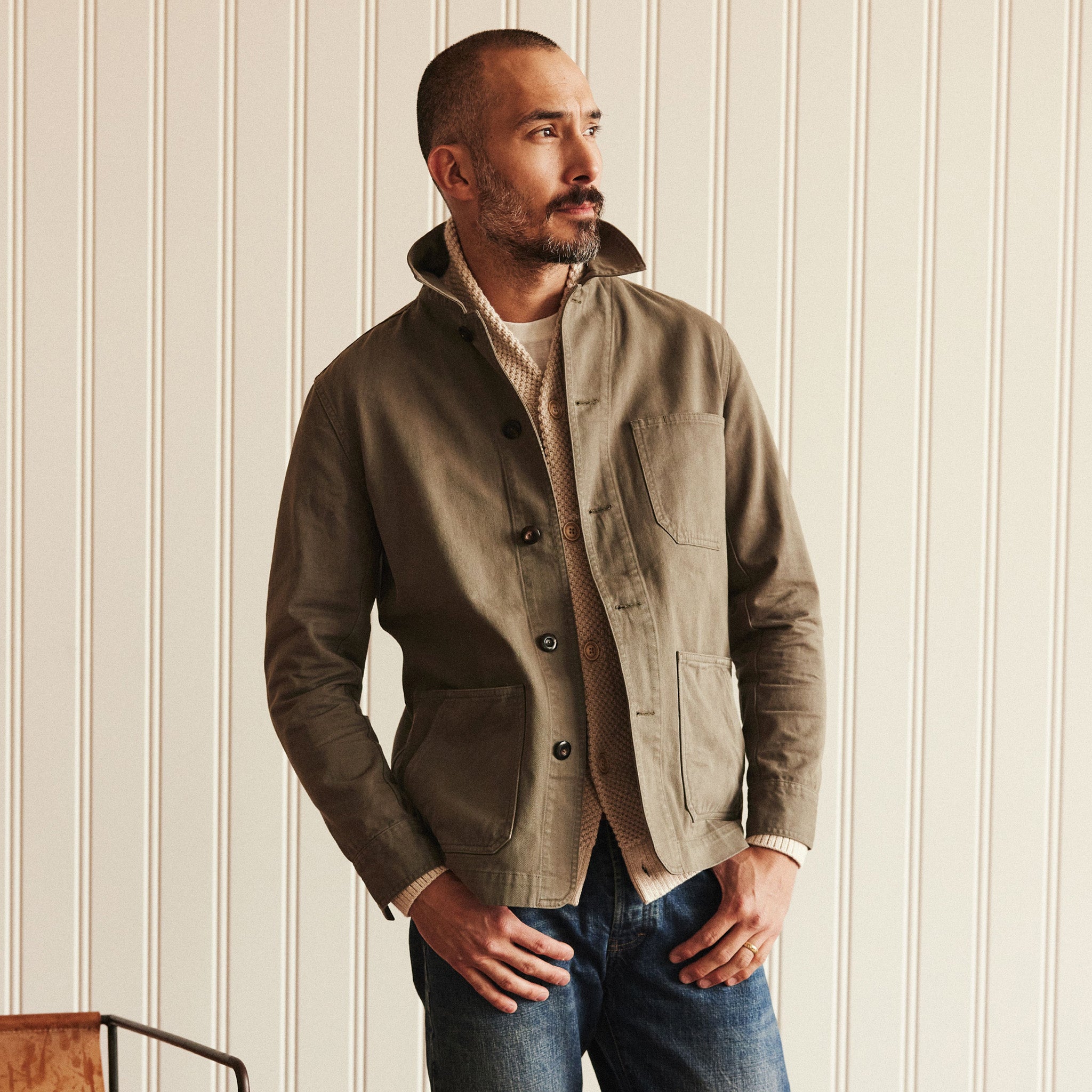 La veste Ojai en sergé de base couleur olive fumée biologique