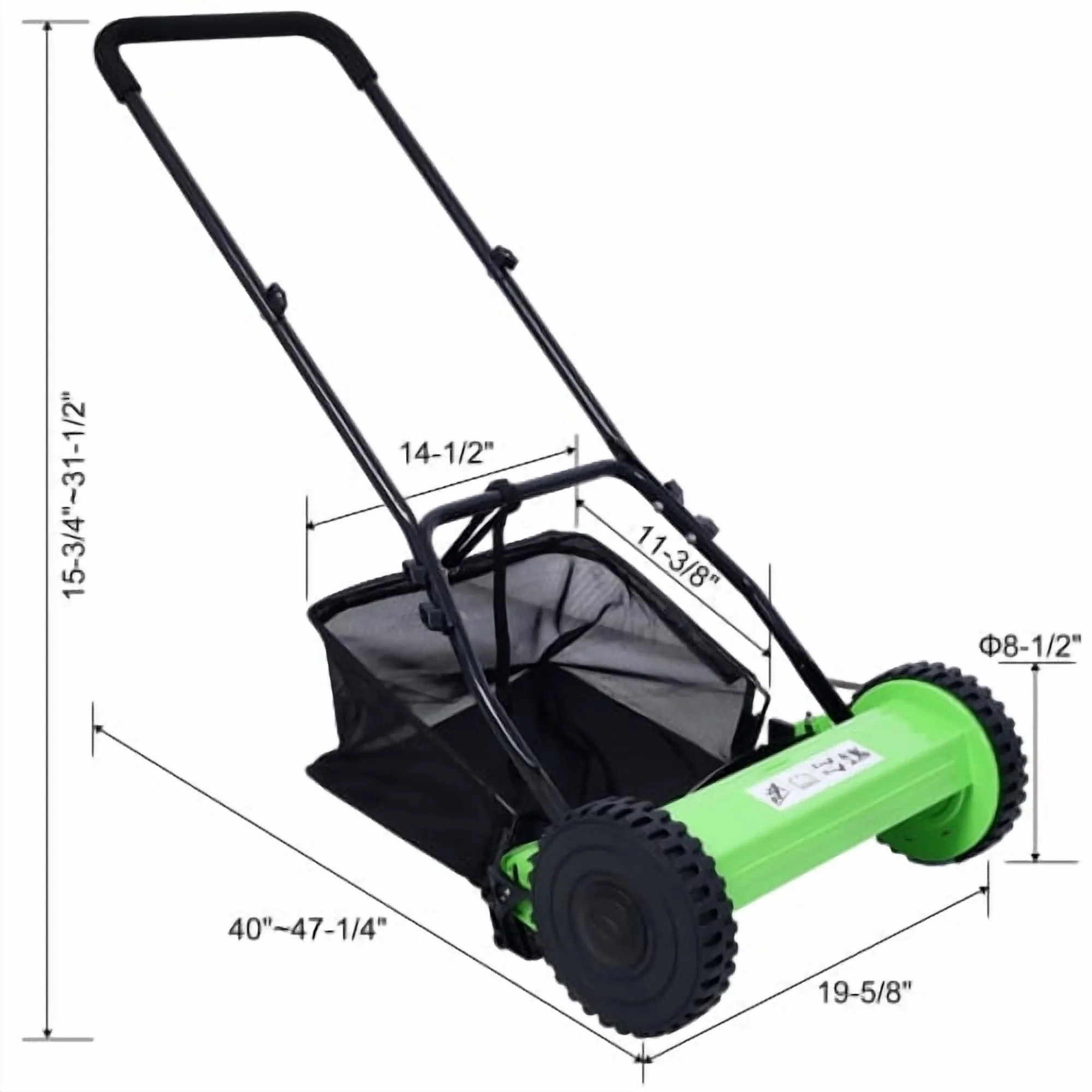 14-Inch Push Reel Lawn Mower, 5-Blade with Grass Catcher, Adjustable Height, Manual, Green - Image 2