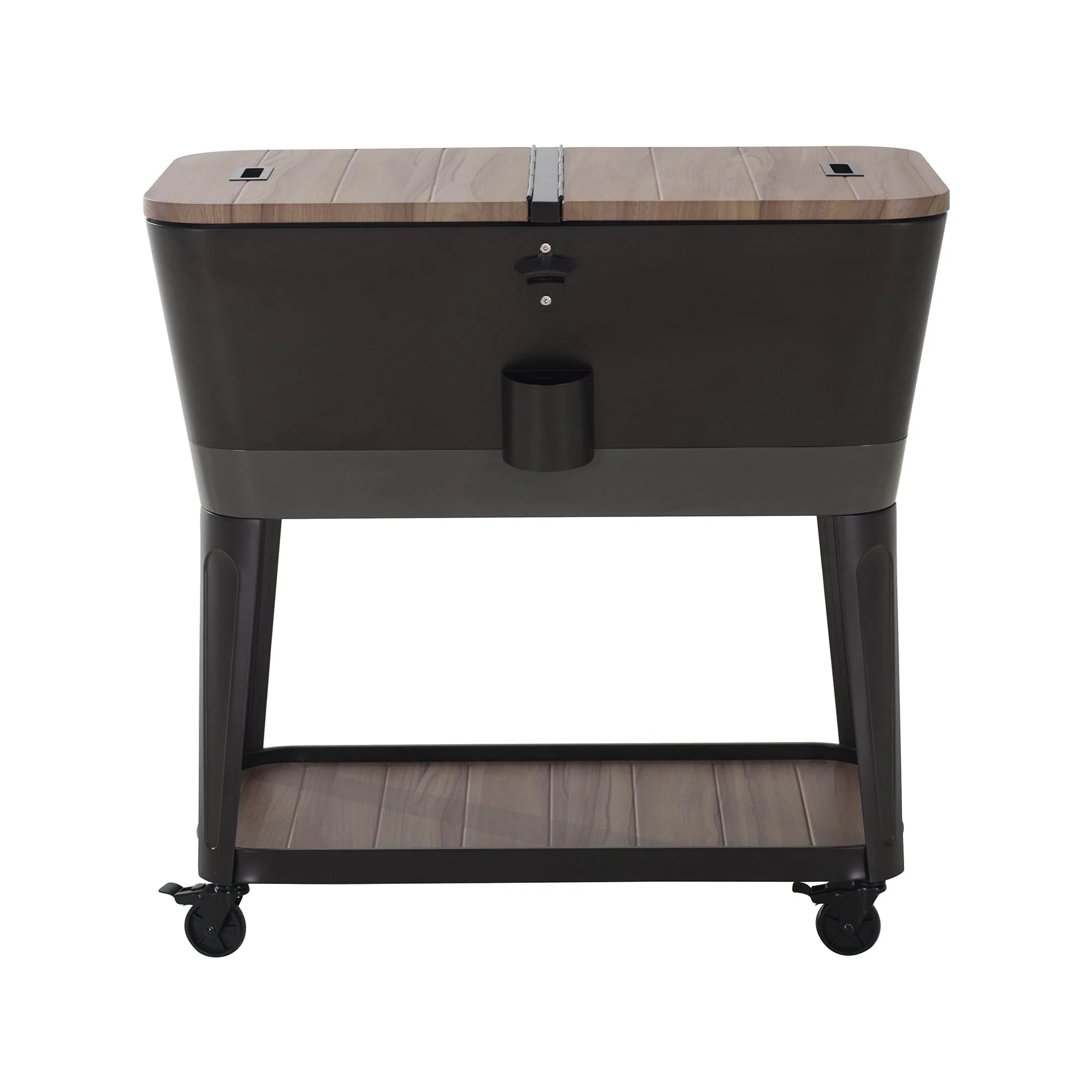 80 Quart Wood Grain Finish Metal Rolling Ice Chest Cooler Cart with Storage Shelf, Steel Bottle Opener, and Lockable Wheels, Bronze(Bronze)