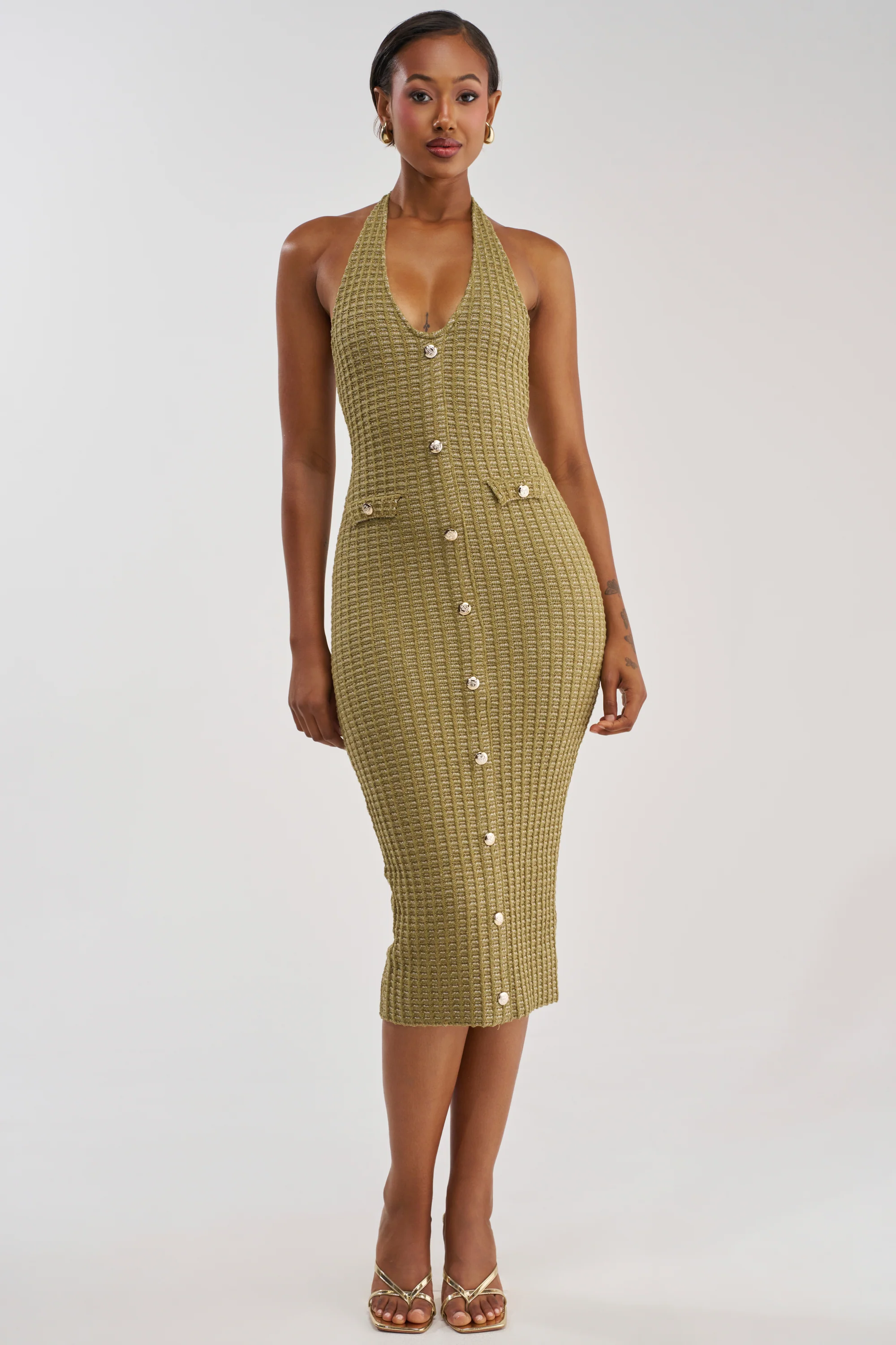 BUTTONED DOWN BADDIE MIDI DRESS IN OLIVE - Akira Store