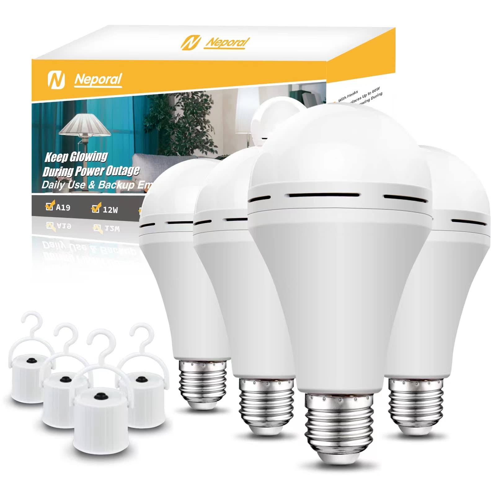 Neporal 4 Pack Rechargeable Emergency LED Bulb 1200mAh 15W 80W Equivalent 6000K Battery Operated Light Bulb E27 with Hook for Power Outage Camping Tent
