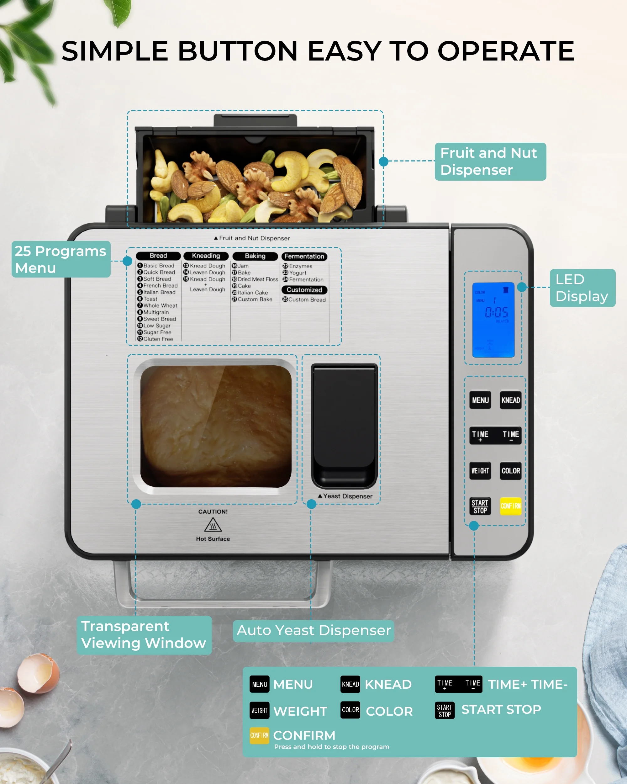 25-in-1 Bread Maker Machine, 2LB Capacity for Dough Bread with Automatic Fruit and Nut Dispenser, Stainless Steel Construction(25 in 1) - Image 3