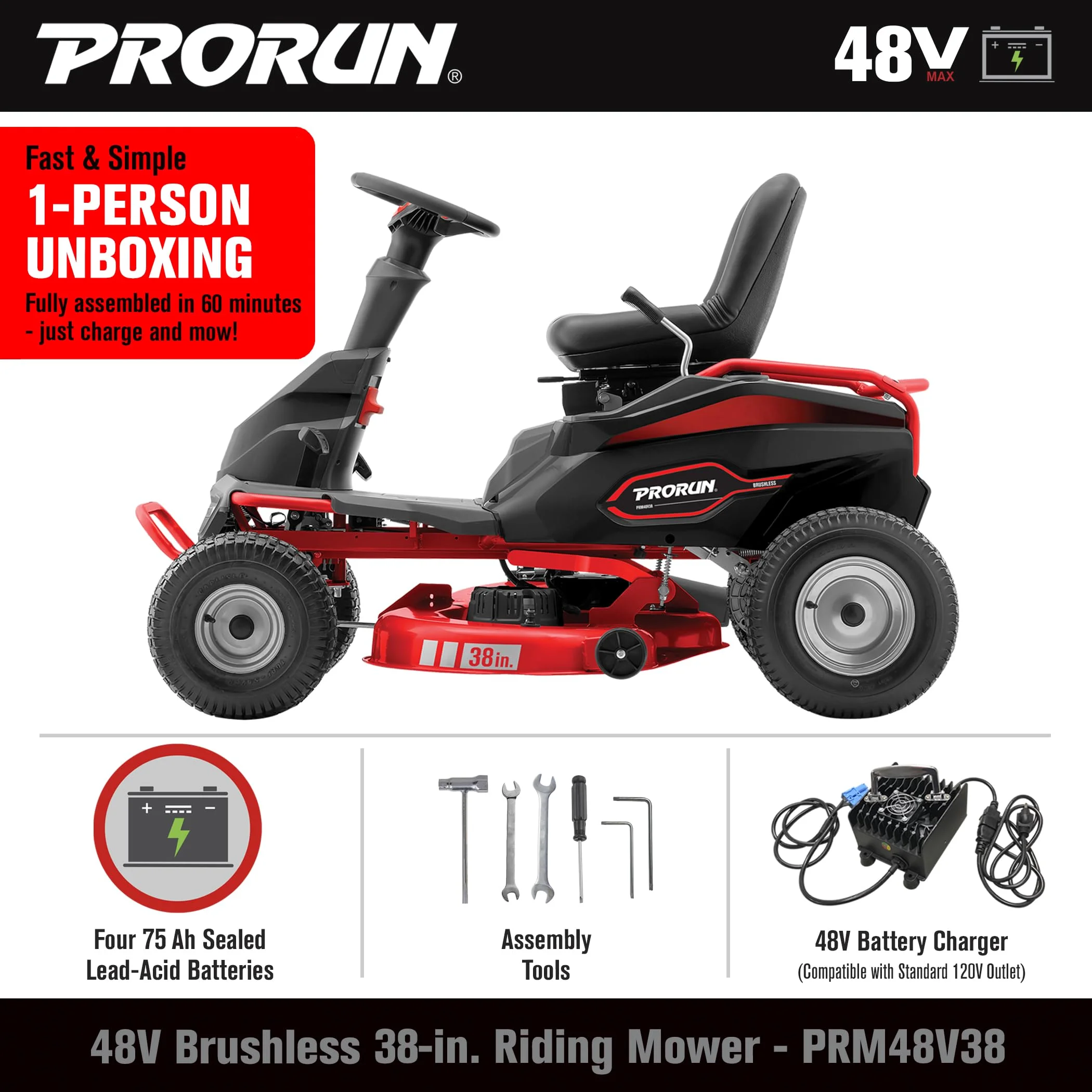 48V 38-in. Steel Deck Brushless Riding Lawn Mower with 75 Ah Battery and Charger - Image 5