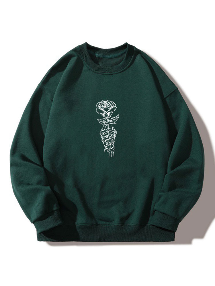 Sweat-shirt décontracté à col rond et imprimé de mains et de crânes de roses