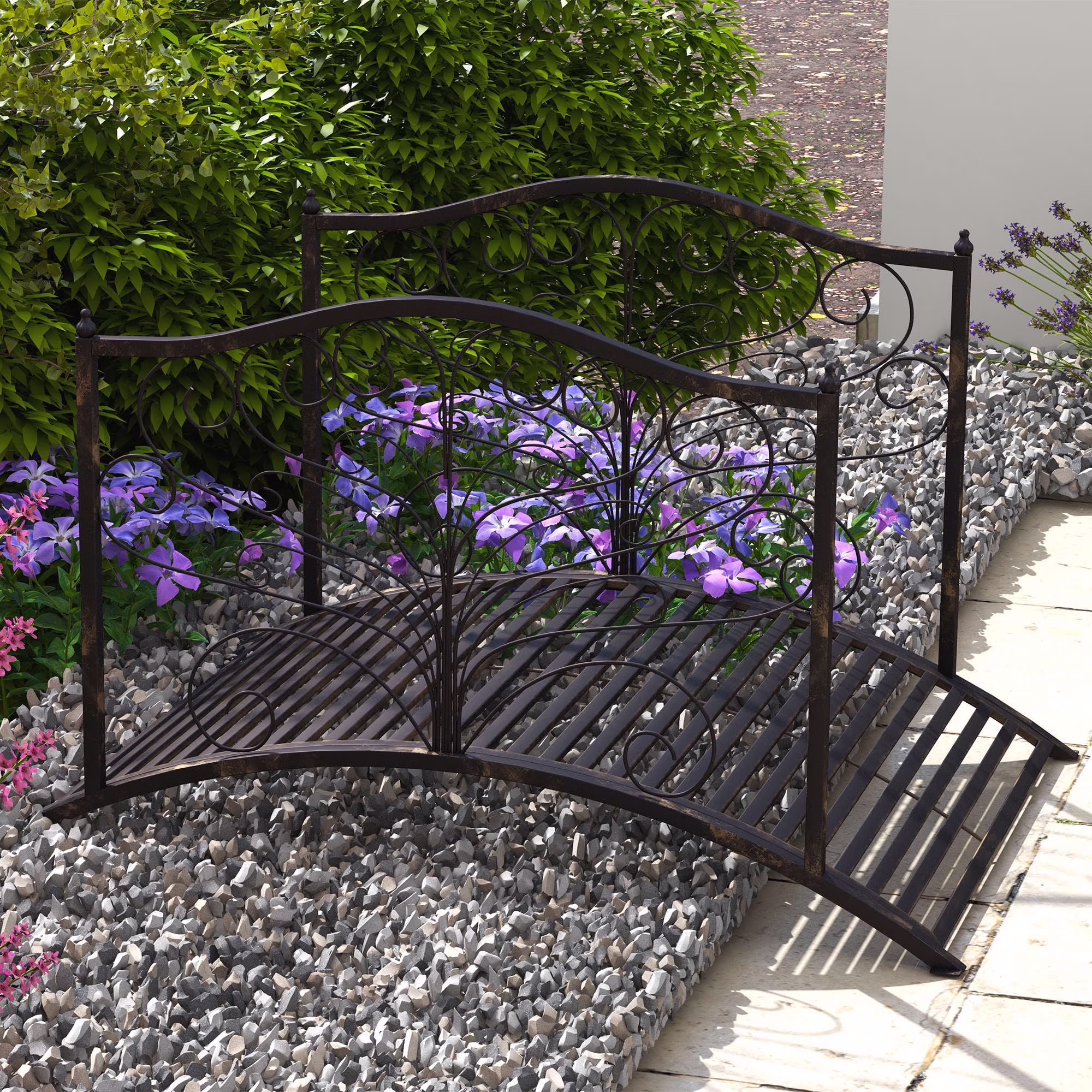 4�� Metal Arch Backyard Garden Bridge with Safety Siderails, Delicate Scrollwork