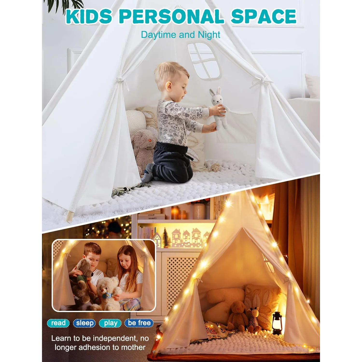Teepee Tent for Kids Tipi Tent Indoor 100% Cotton Kid Tents for Inside with Light Flag- Foldable Toddler Play Tents for Girls Boys Slumber Party -Toys Cotton Teepee - Image 4