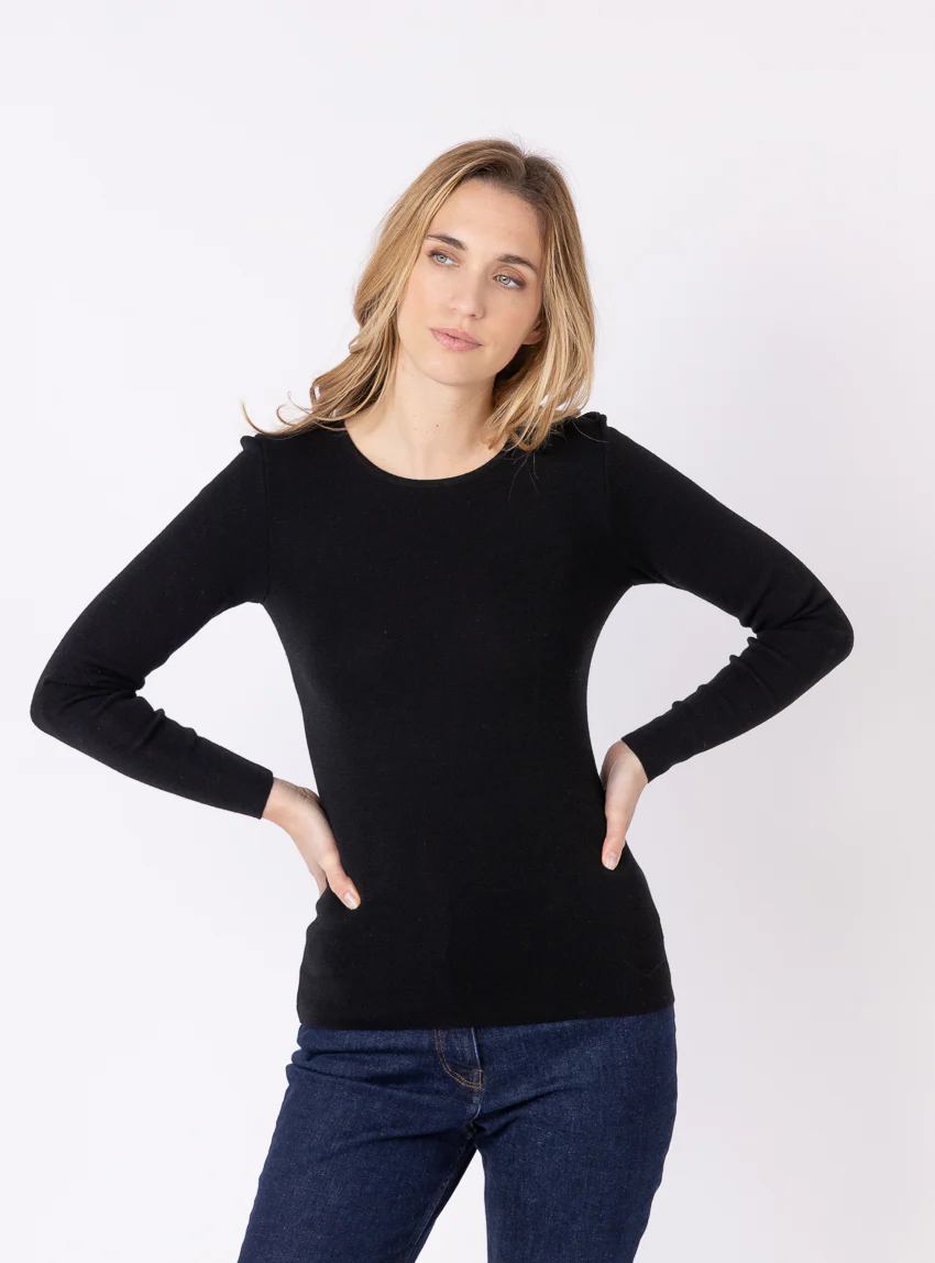 Tee-shirt thermique manches longues femme en laine merinos noir