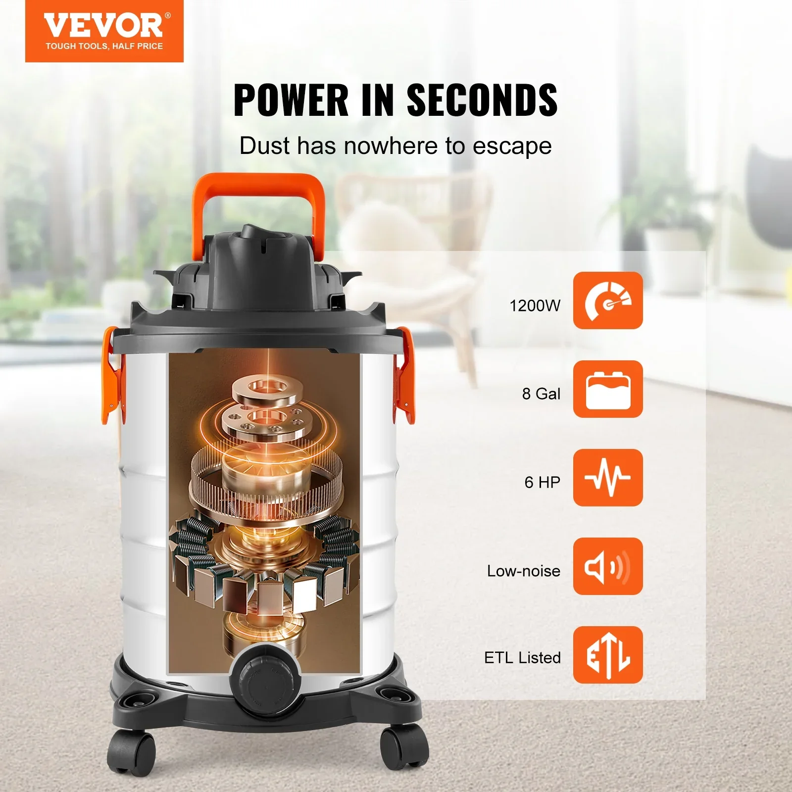 VEVOR Stainless Steel Wet Dry Shop Vacuum, 8 Gallon 6 Peak HP Wet/Dry Vac, Powerful Suction with Blower Function w/ Attachment 2-in-1 Crevice Nozzle, Small Shop Vac Perfect for Carpet Debris
