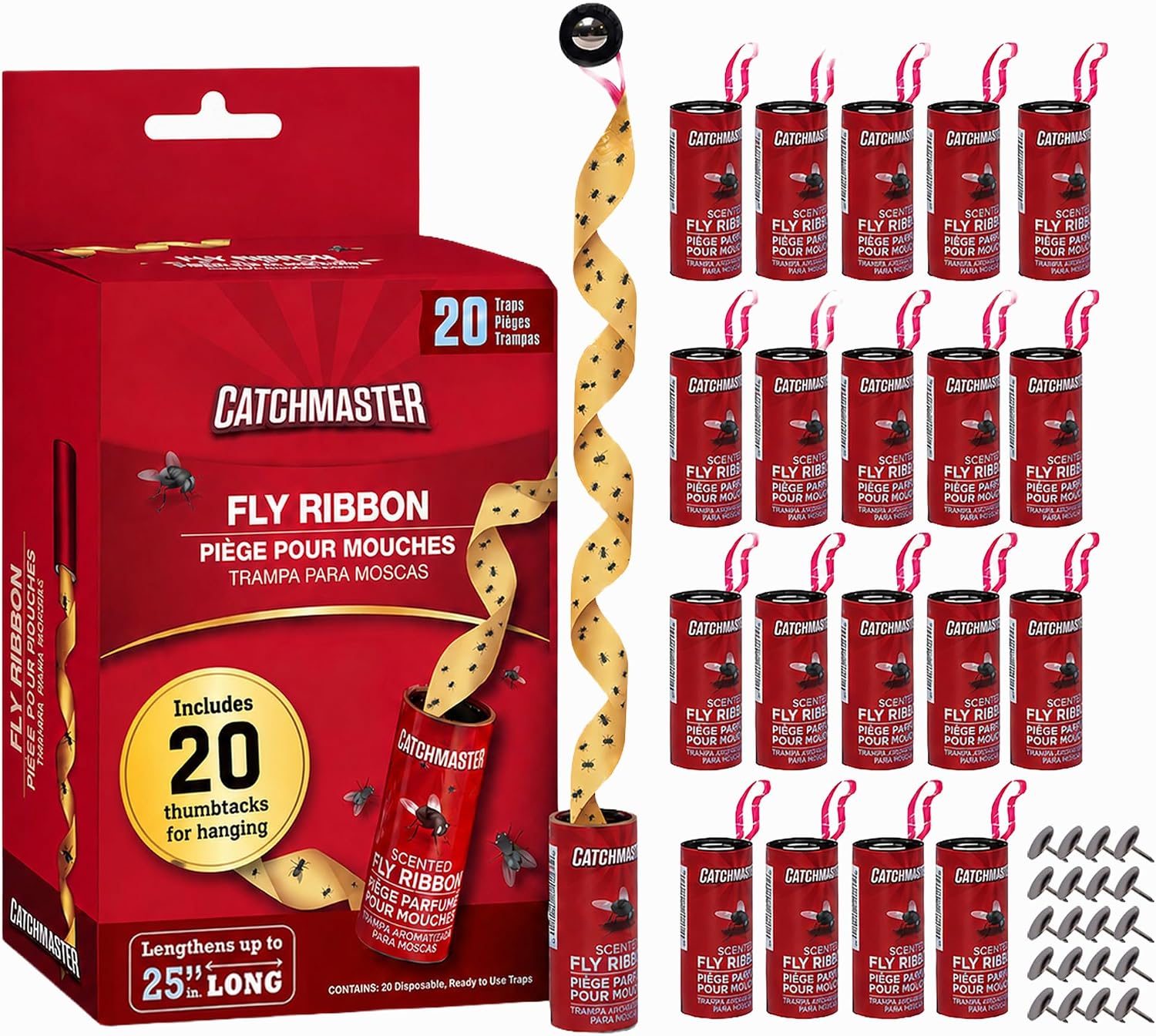 Catchmaster Fly Ribbon 20 Pack, Fly Strips Indoor Sticky Hanging Fly Tape| 20 Hanging Sticky Fly Ribbons for Kitchen, Garage & Barn, Pesticide-Free Fly Paper Catches Flies & Gnats on Contact