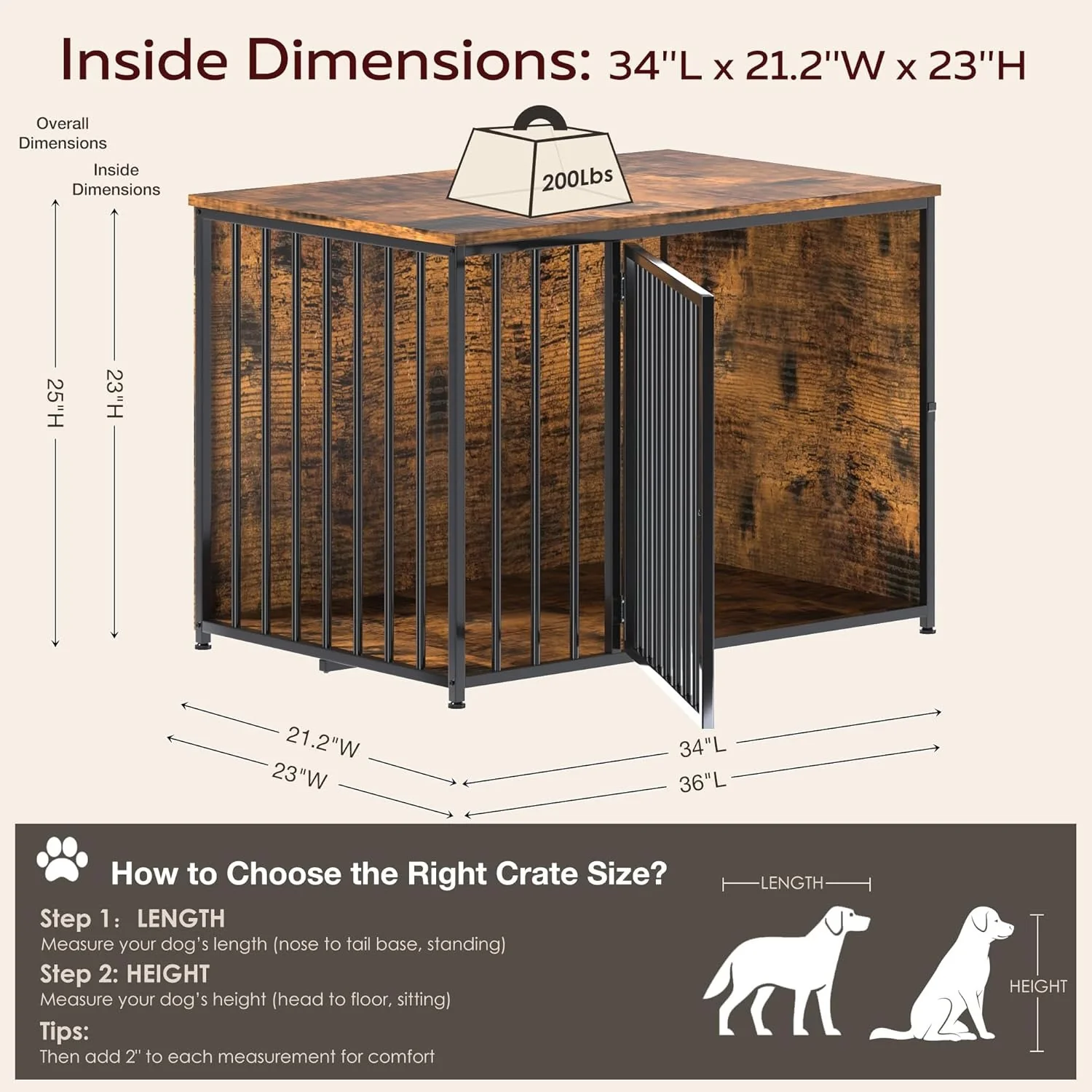 AECOJOY Dog Crate Furniture for Large and Medium Dogs, 36 Inch Wooden & Steel Decorative Indoor Kennel, Pet Cage End Table