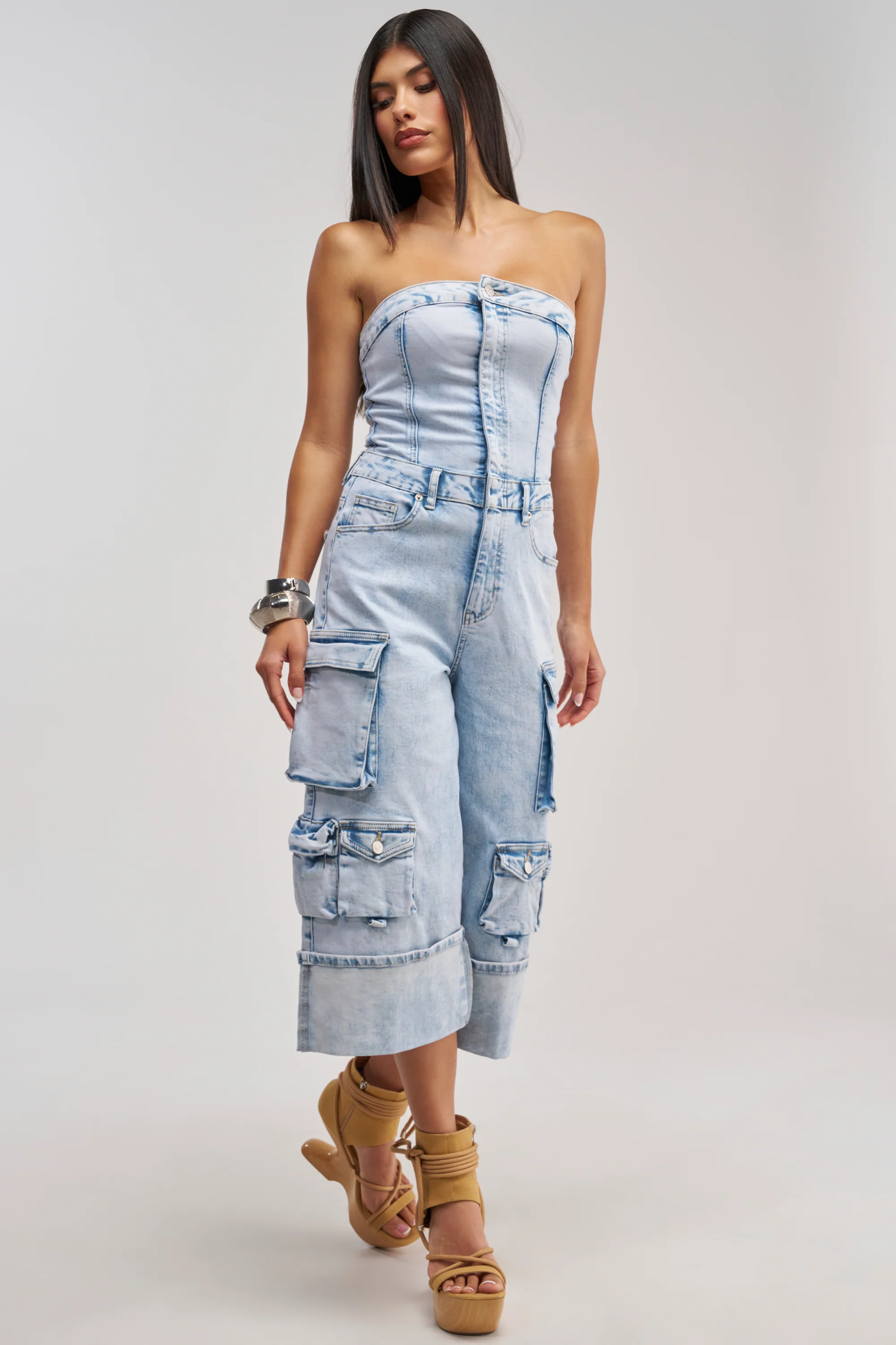 ALICIA CROPPED CARGO JUMPSUIT IN LIGHT BLUE DENIM - Akira Store