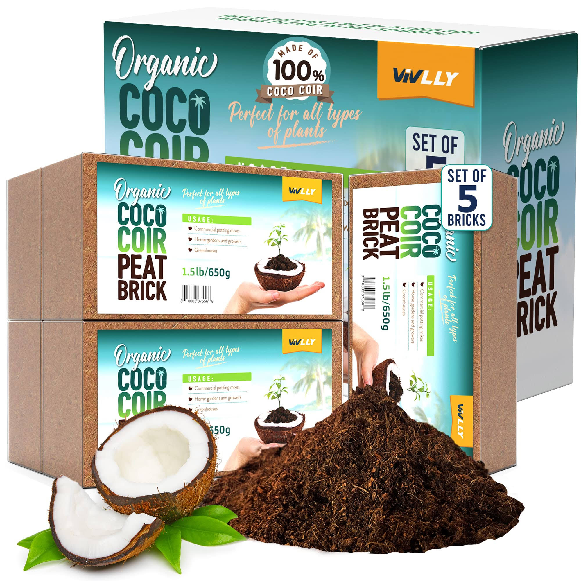 Compressed Coco Coir Bricks, 5 Pack, Natural Seed Starter with Low EC and PH Bal