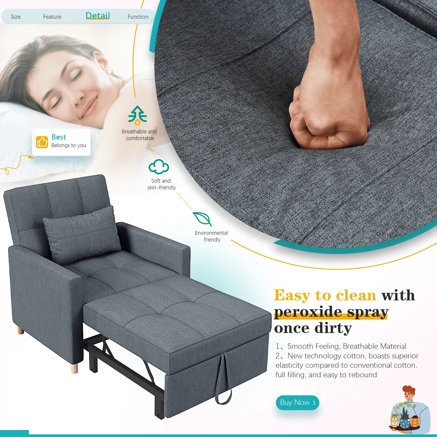 YODOLLA Sleeper Sofa Chair 3 in 1 Sleeper Chairs for Adults Pull Out Chair Bed Sleeper with Extra Pillow and Convertible Backrest Multi Functional Fold Out Chair Bed for Small Space (Dark Grey) Image 7