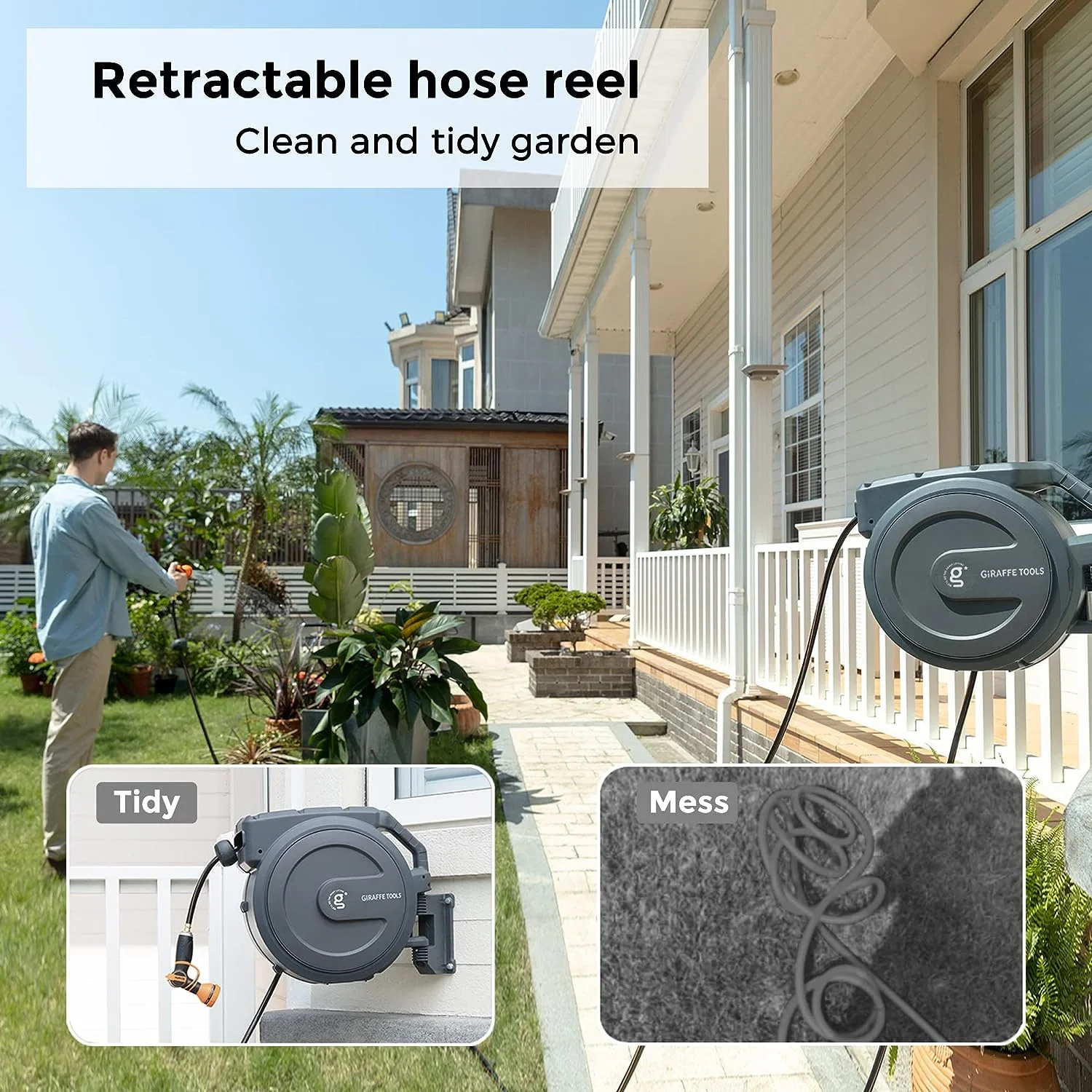Giraffe Tools Retractable Garden Hose Reel with 1/2in-100ft Water Hose, Plastic Bracket, Wall Mounted, Dark Grey