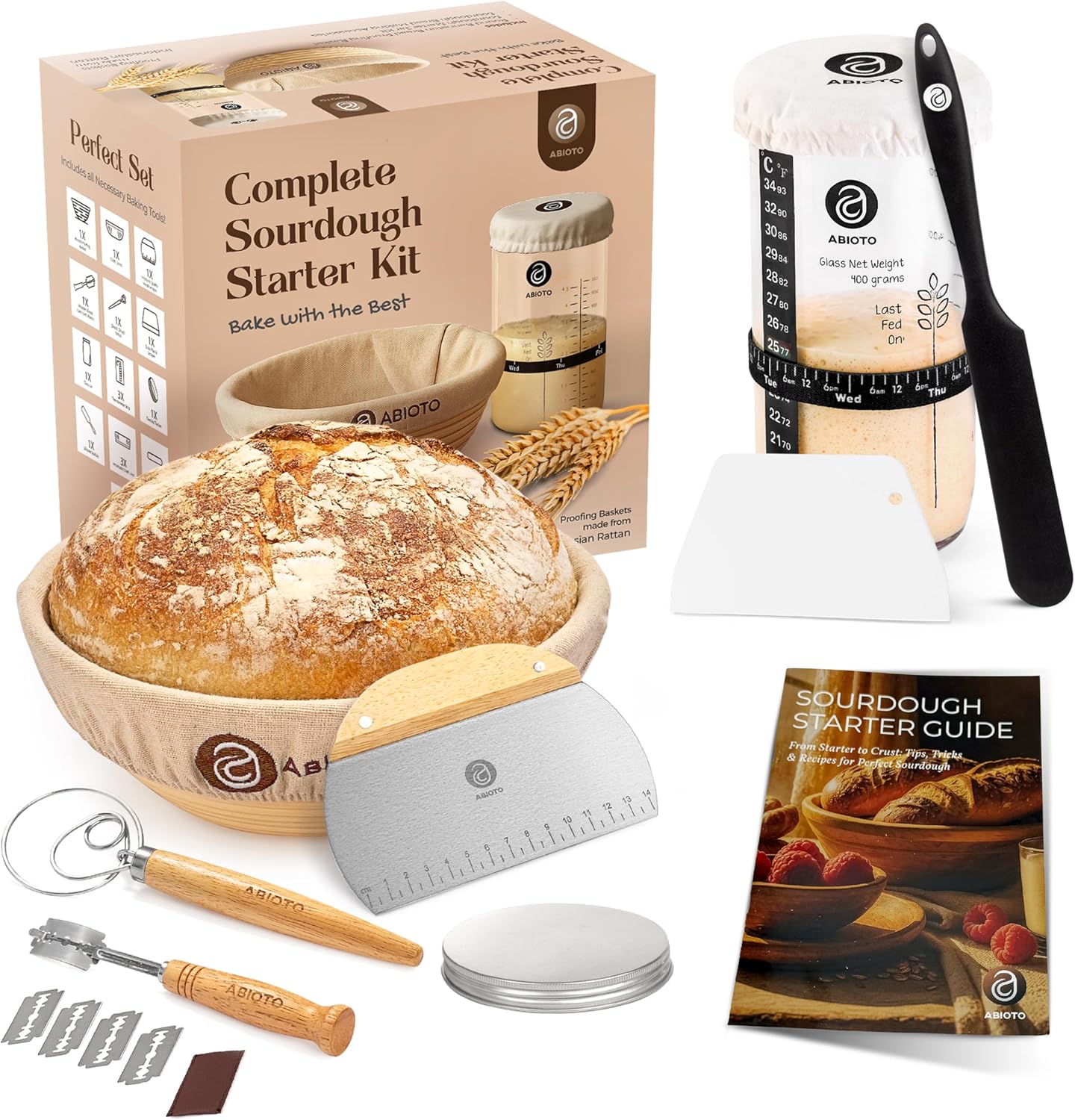 ABIOTO Banneton Baskets with Sourdough Bread Baking Supplies - 17-Piece Kit