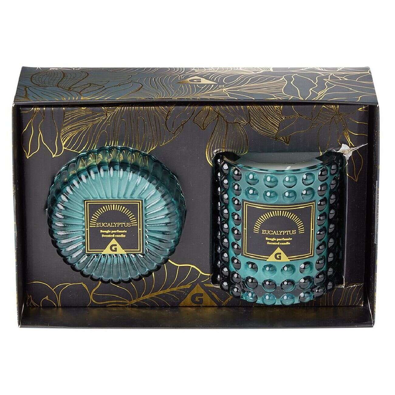 Coffret senteur 2 bougies parfumées dans verre déco relief