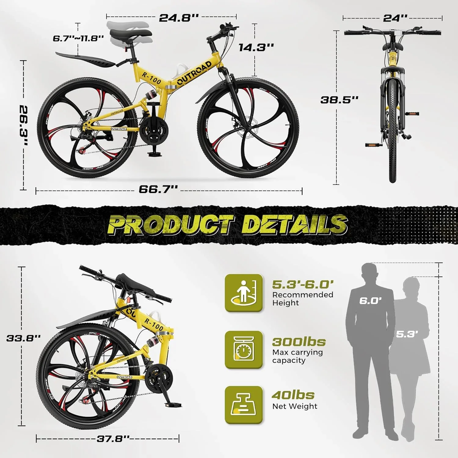 SUNCROWN 26 Inch Folding Mountain Bike, 21 Speed Full Suspension High-Carbon Steel MTB Foldable Bicycle, Dual Disc Brake Non-Slip Folding Bikes for Adults/Men/Women, Black