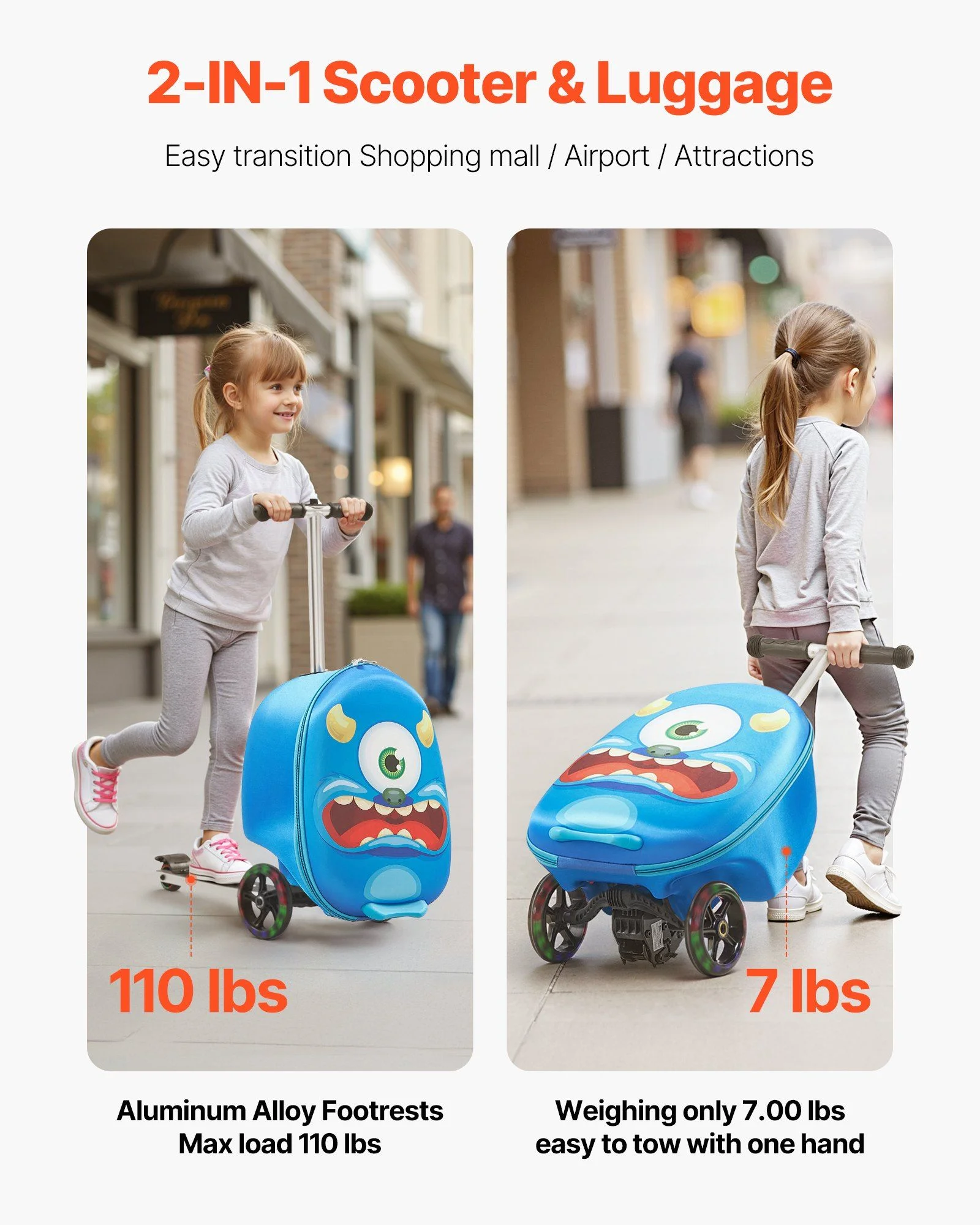 Ride-on Luggage 20-inch Kids Scooter Suitcase with Flash Wheels Blue - Image 4
