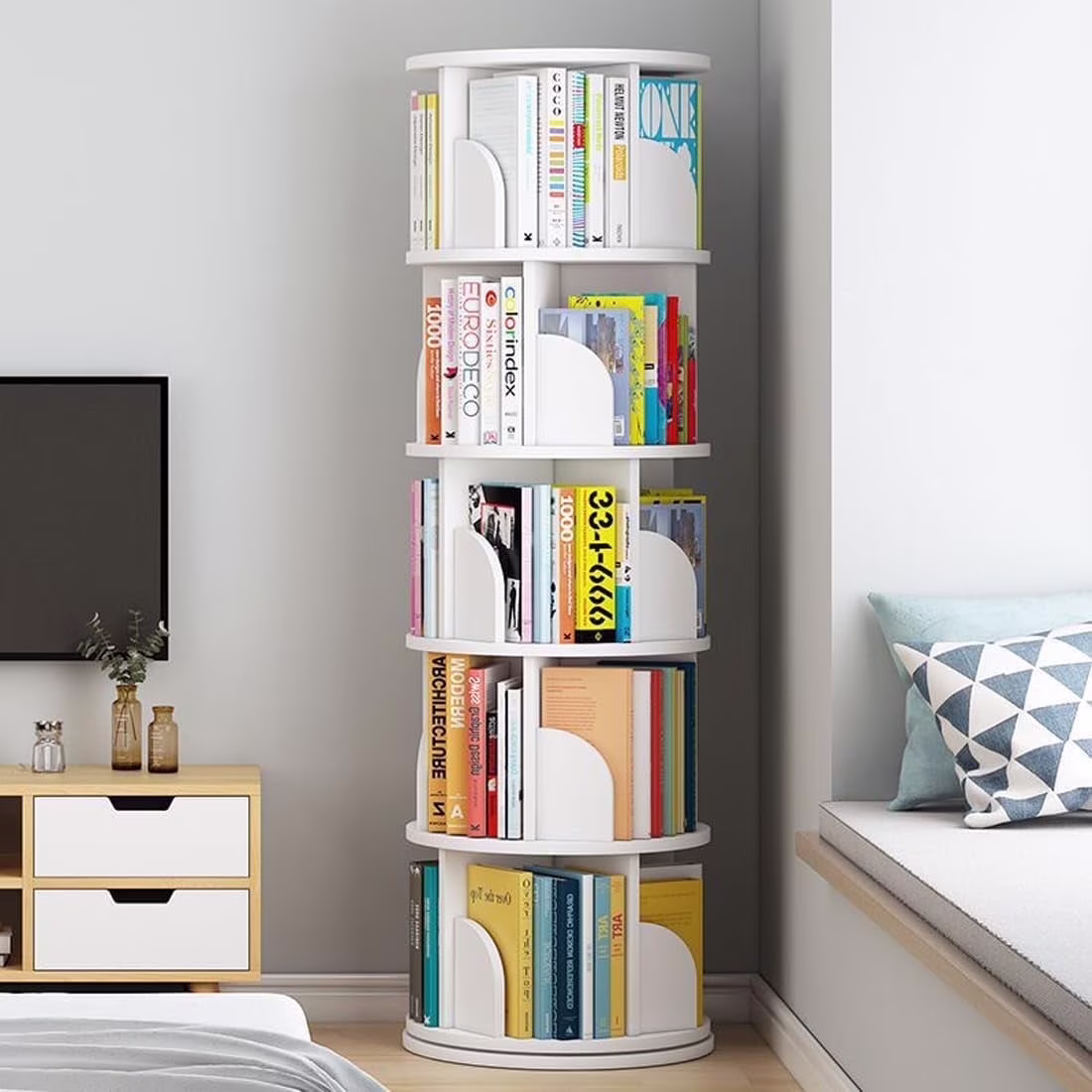 5 Tier Rotating Bookshelf, 360?�� Revolving Bookcase 20 Shelves Floor-Standing Storage Display Rack White 63"x18"x18", Adult(White)
