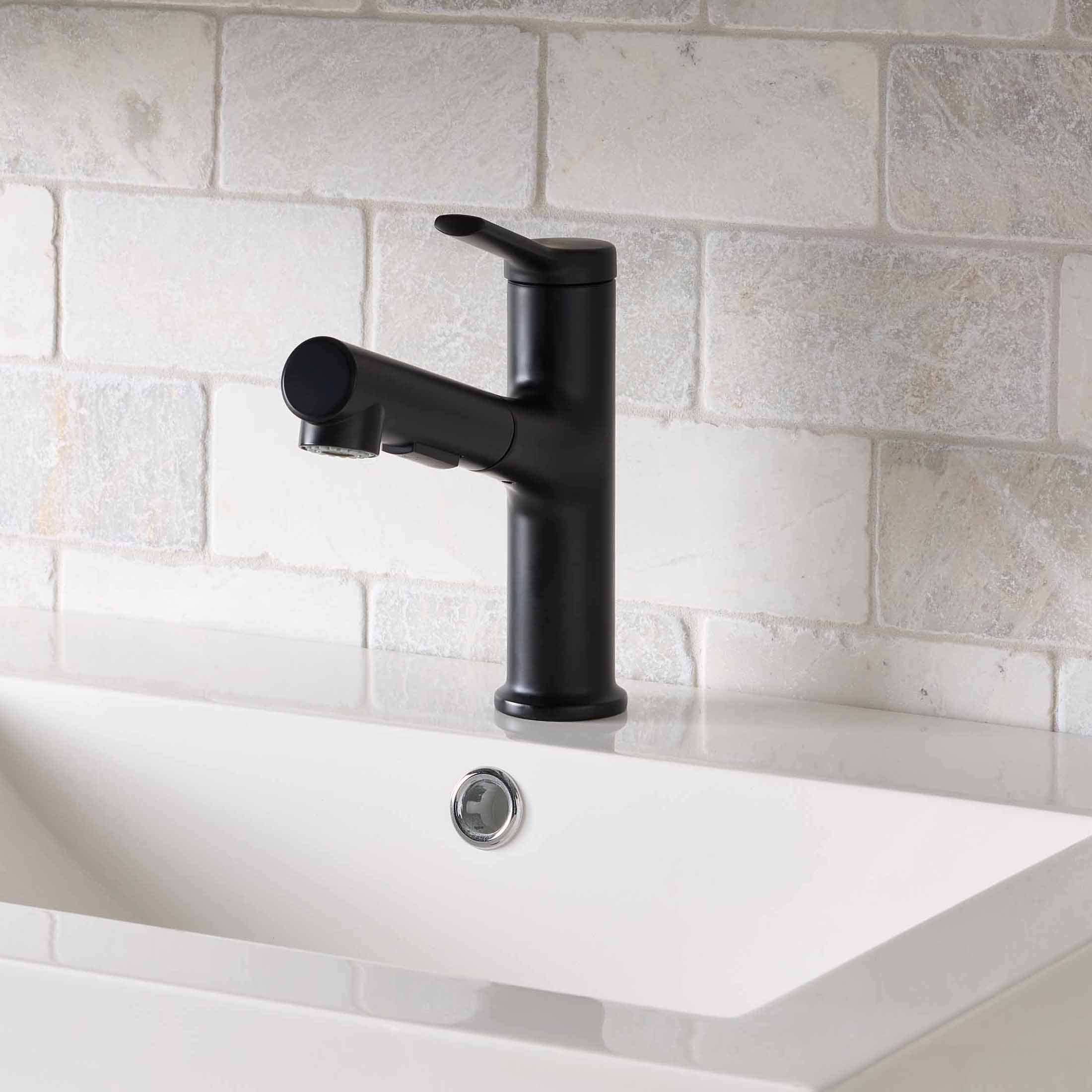 Better Homes and Gardens Pull-Out Bathroom Sink Faucet with Pop-Up Drain and Optional Deckplate, Matte Black