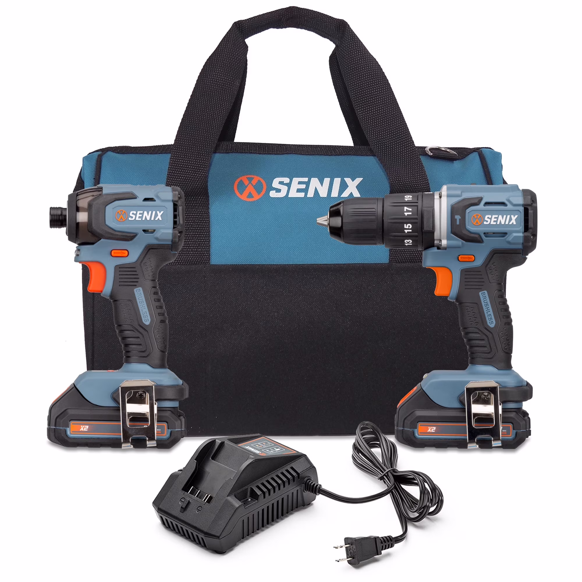 SENIX 20 Volt Max* 2-Piece Cordless Brushless Combo Kit, 1/2-Inch Hammer Drill Driver & 1/4-Inch Impact Driver (2 x Batteries, 1 x Charger and Soft Bag Included) S2K2B2-02