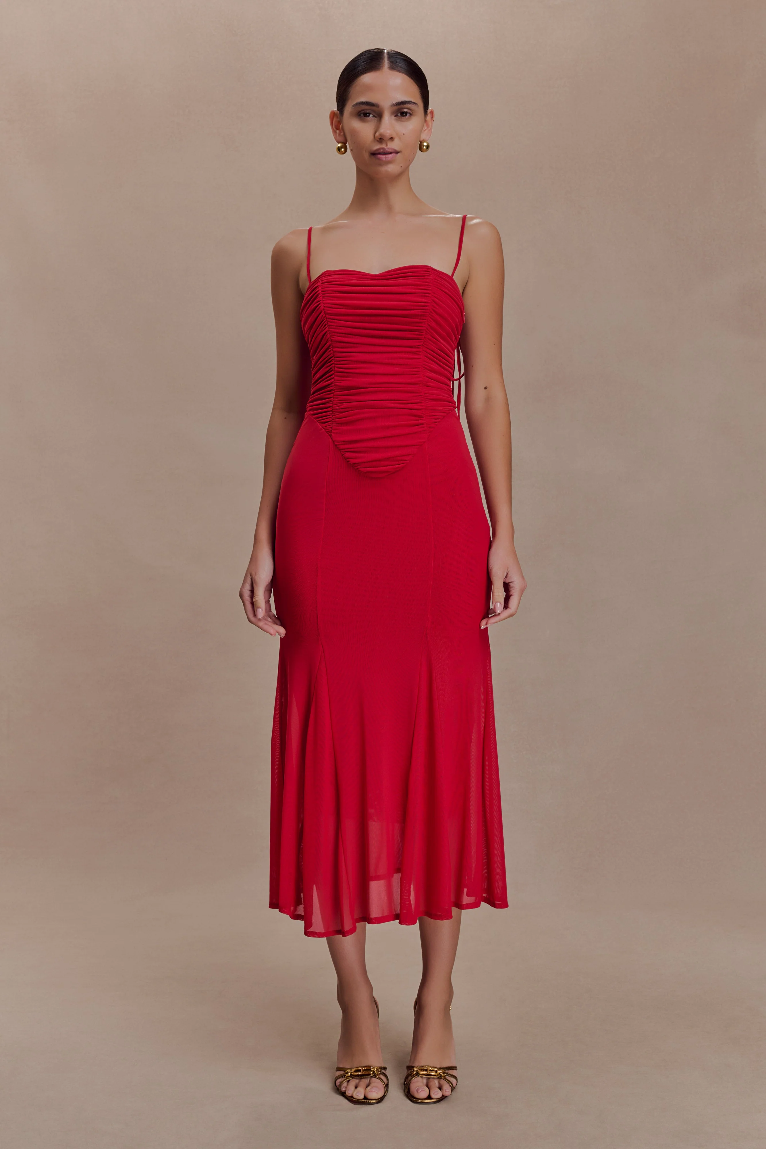 Willa Gathered Mesh Midi Dress - Ruby