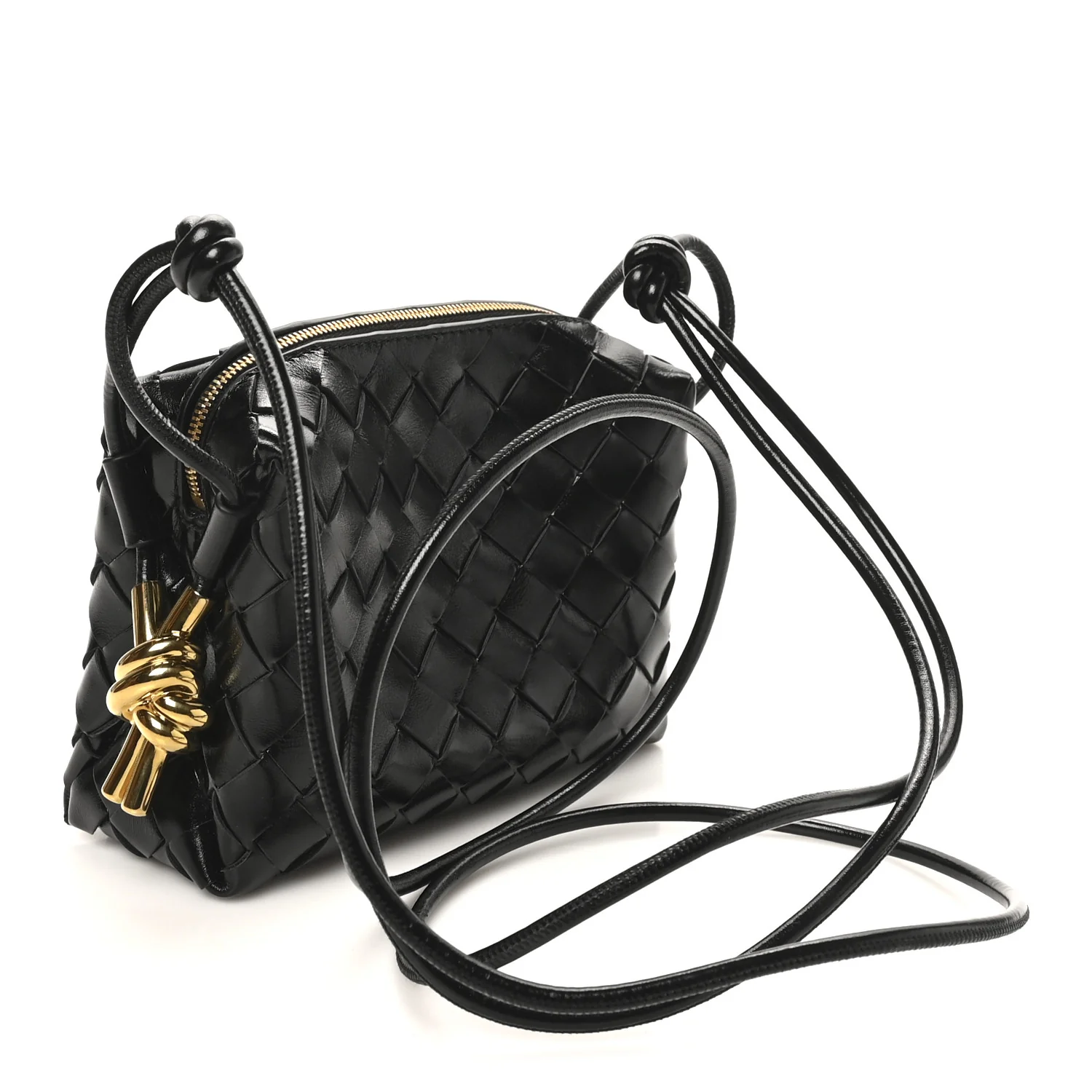 Polished Nappa Intrecciato Metallic Knot Mini Loop Camera Bag Black