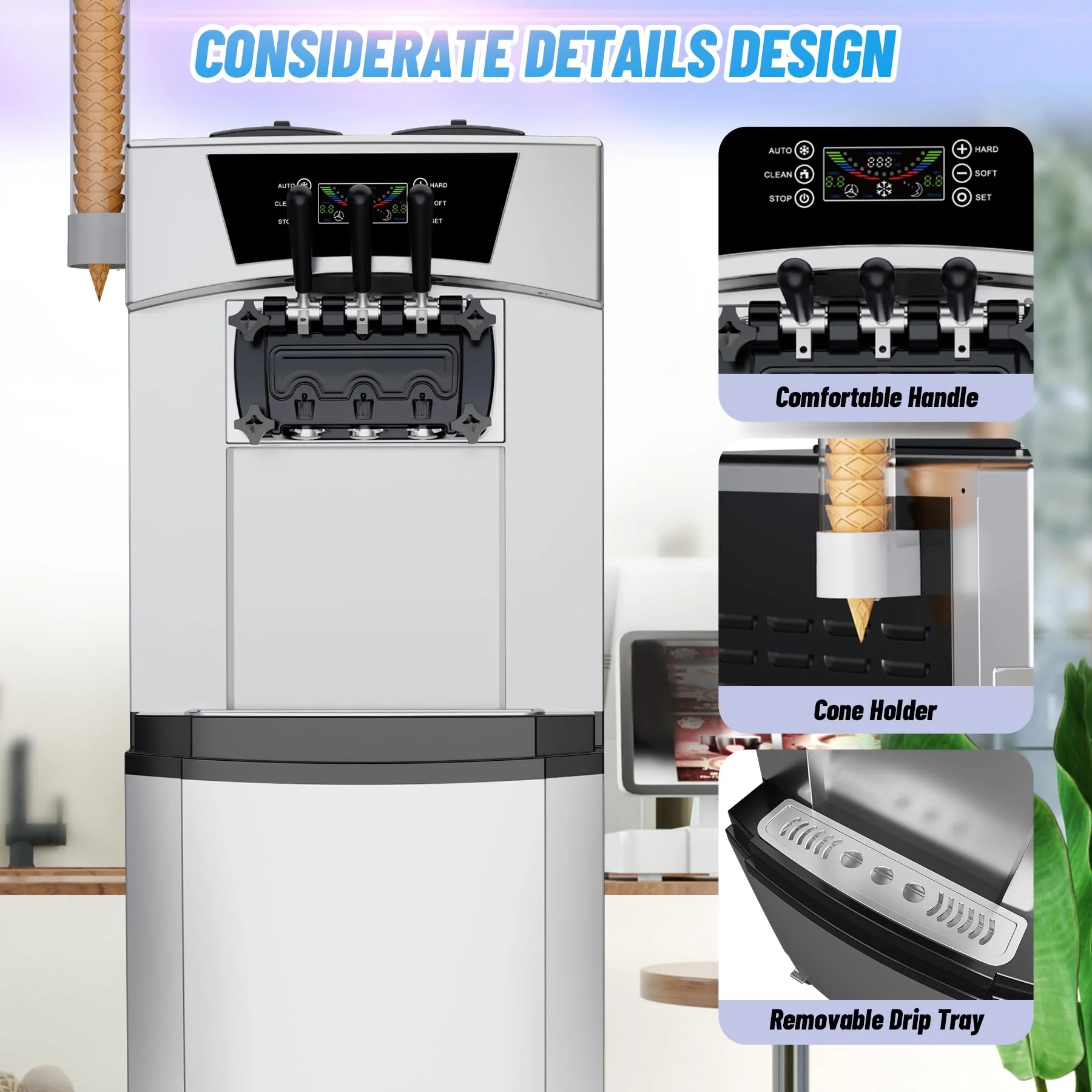 Commercial 3 Flavors Ice Cream Machine, 5.8 to 8Gal per Hour Soft Serve Ice Cream Maker,with Auto Clean, LCD Display for home Snack Bar Restaurants(Sliver) - Image 4