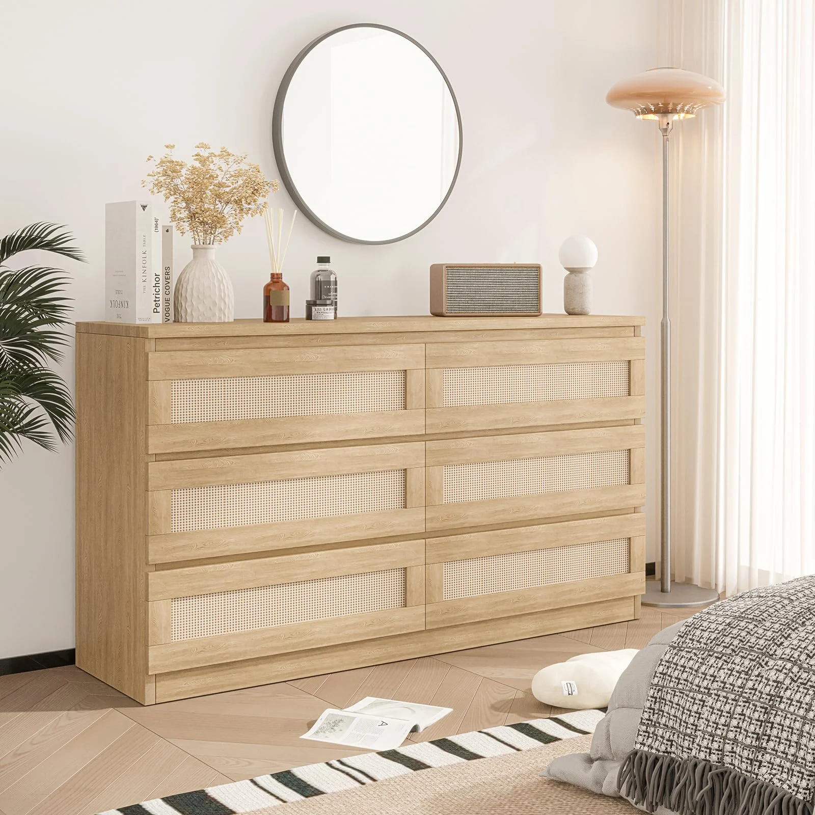 Rattan Dresser for Bedroom 6 Drawer, Double Dresser with Anti-Tip Kit, Wood Storage Wide Chest of Drawers for Bedroom, Living Room, Hallway, Oak Color(6 Drawer/Natural) - Image 4
