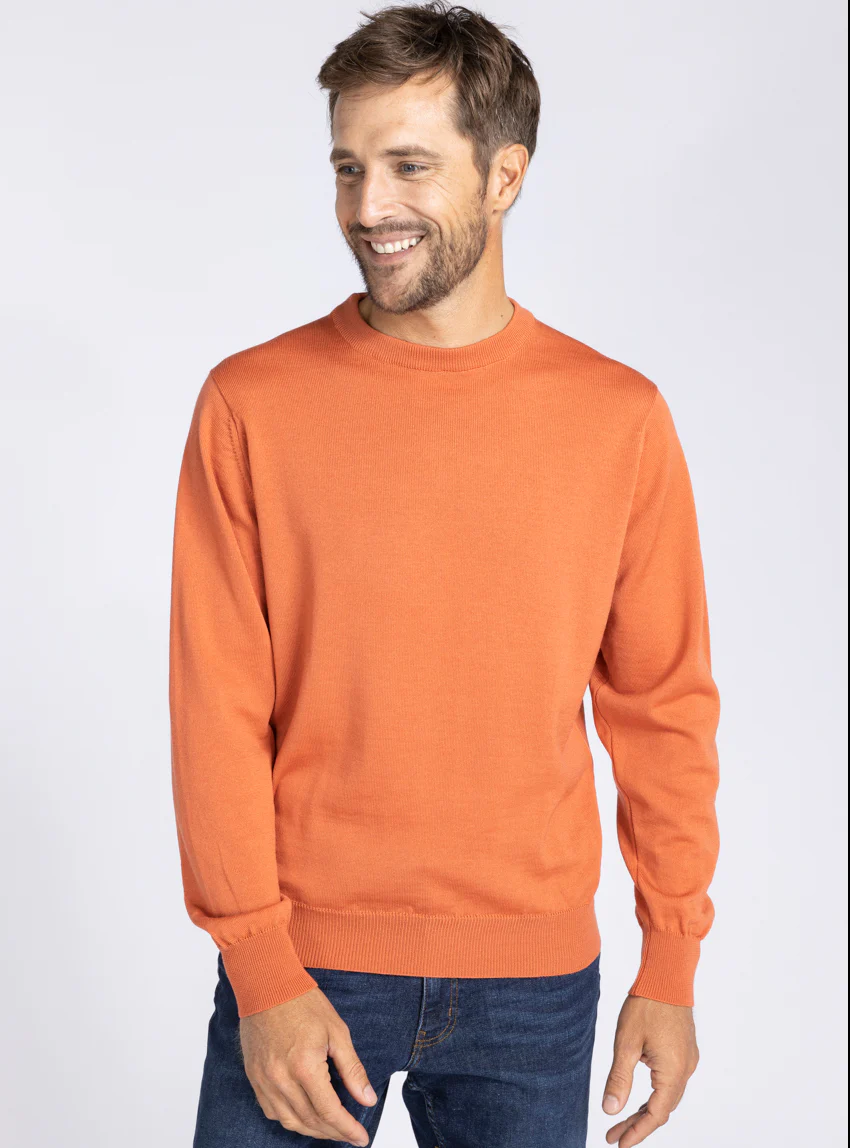 Pull homme col rond laine mérinos orange tendre