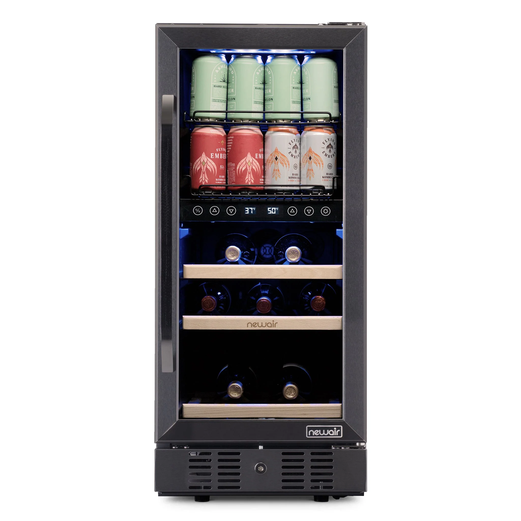 Newair 48-Can, 13-Bottle Built-in Dual Zone Black Beverage Fridge - 15