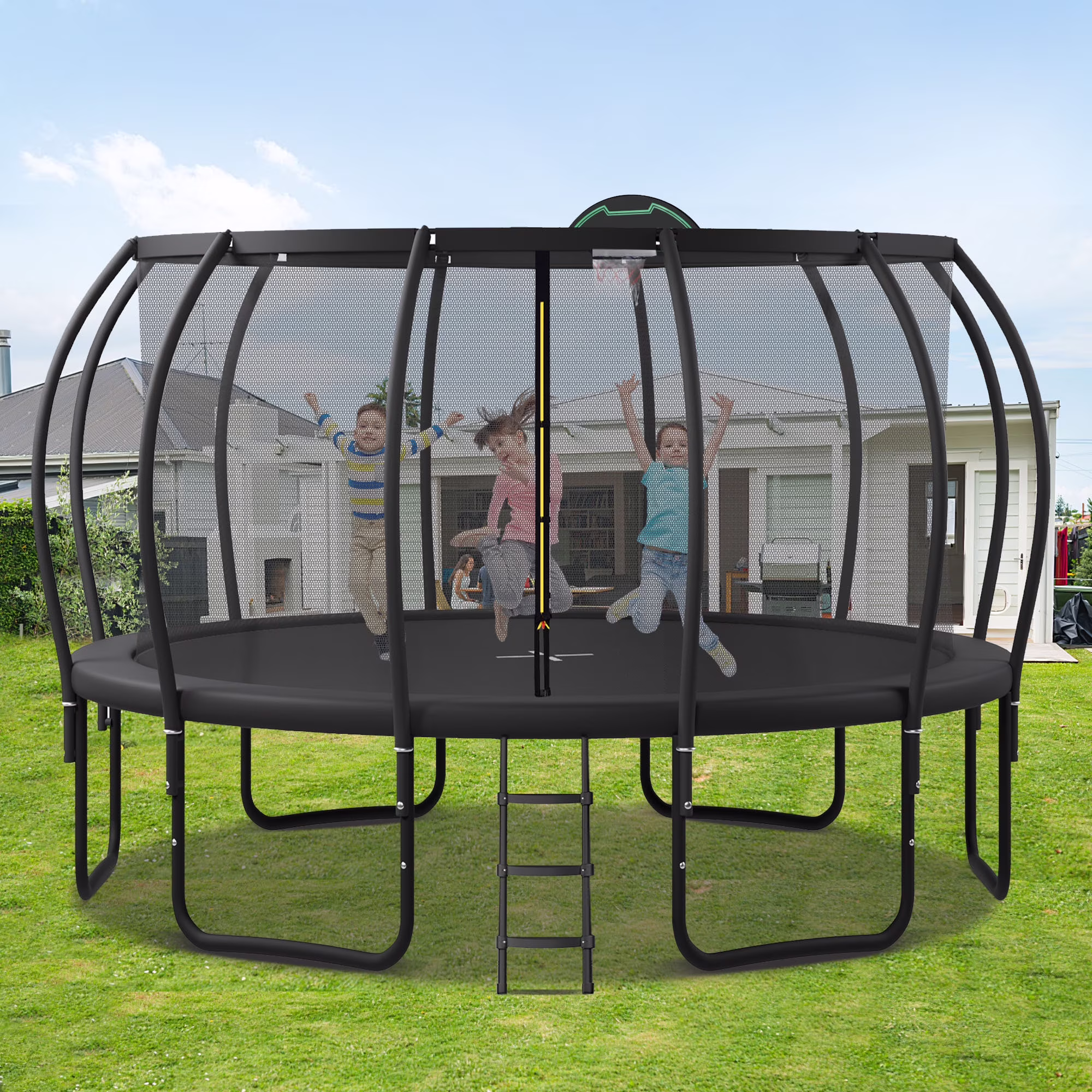Soges 16FT Trampoline with Basketball Hoop for Kids and Adults Outdoor Trampoline with Ladder and Safety Enclosure Net Pumpkin Trampoline with Curved Poles Heavy Duty Recreational Trampoline 1500 lb