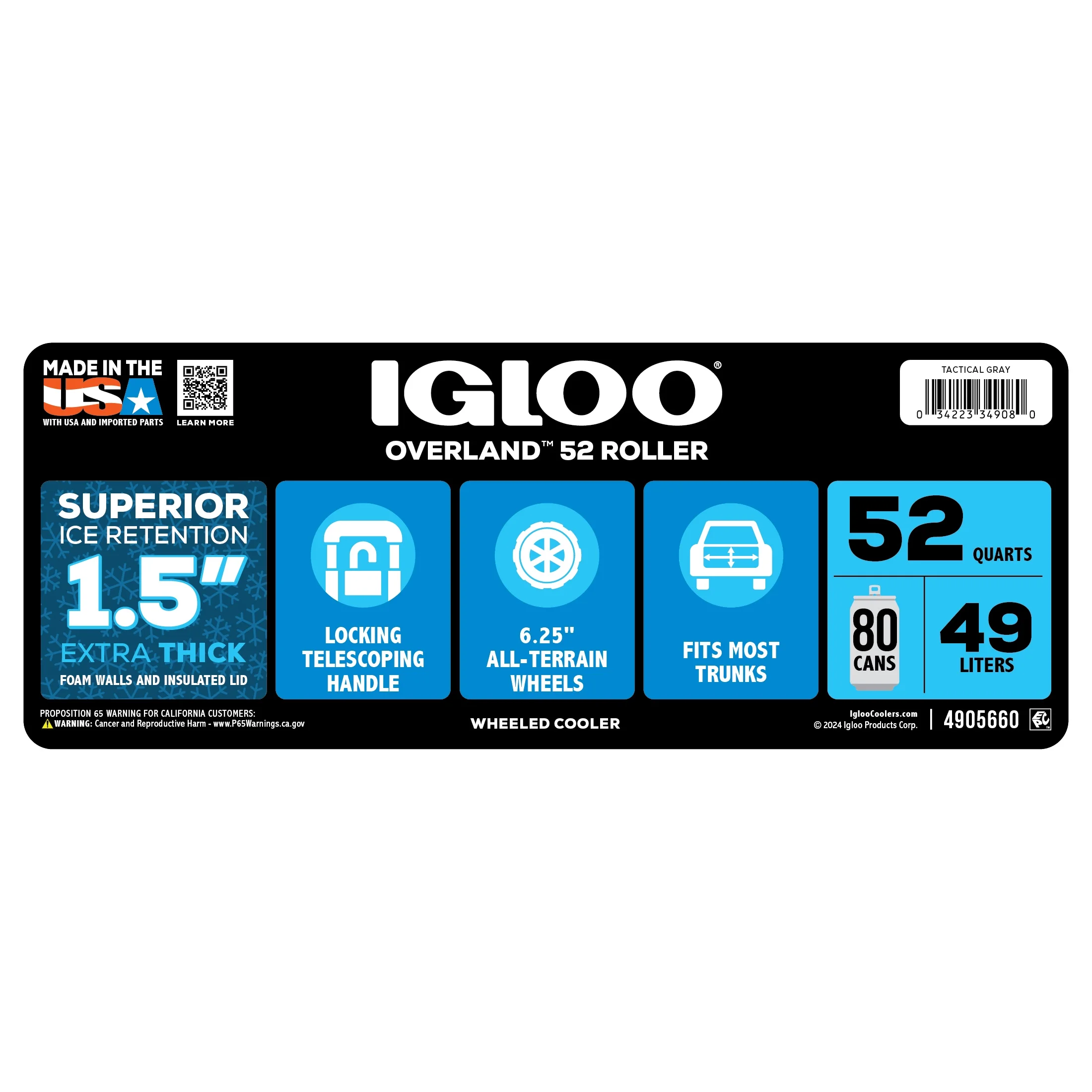 Igloo 52 QT Overland Ice Chest Cooler with Wheels, Gray