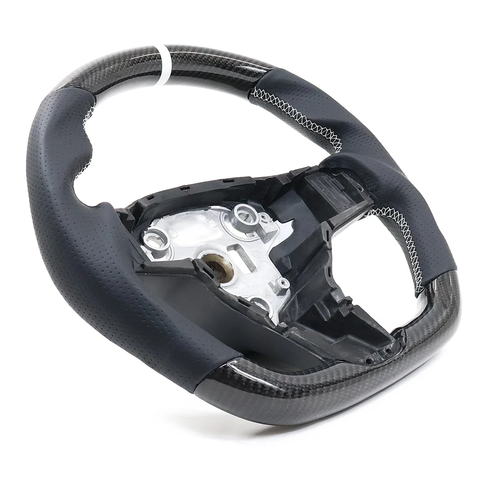 Ikon Motorsports Steering Wheel Compatible with 17-23 Tesla Model 3 Y Carbon Fiber  Perforated Leather With White Stitching  Stripe Steering Wheel Cover
