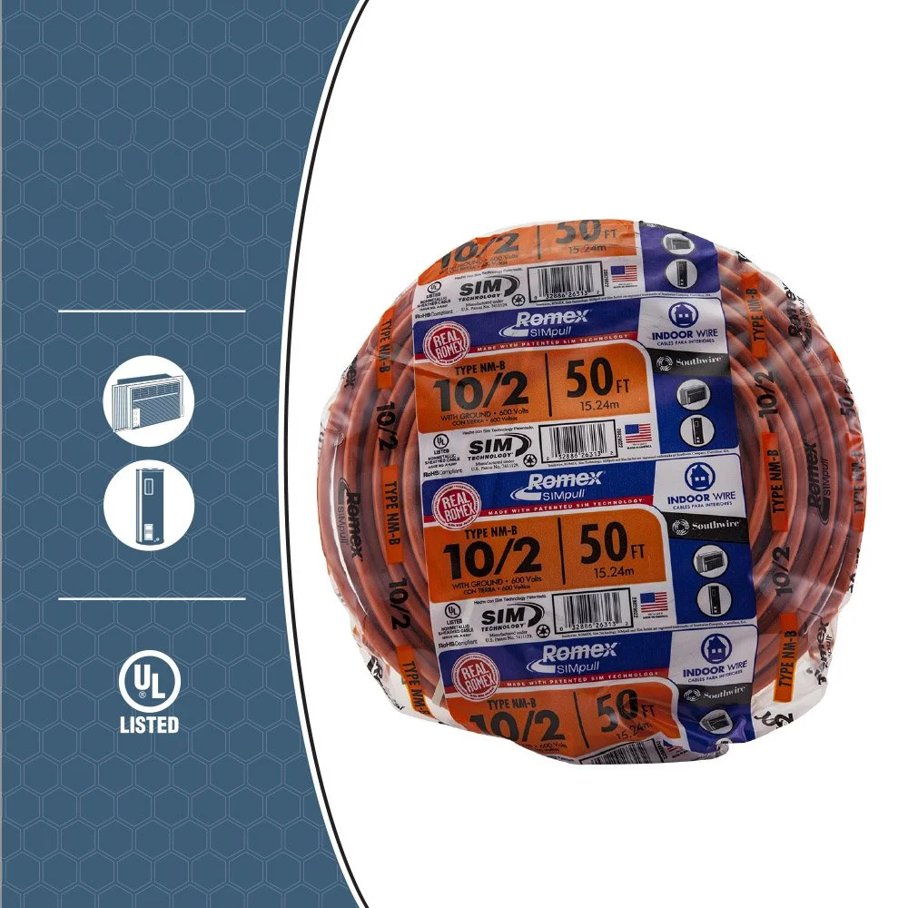 Southwire 28829022 50' 10/2 with Ground Romex Brand Simpull Residential Indoor Electrical Wire Type NM - B Orange