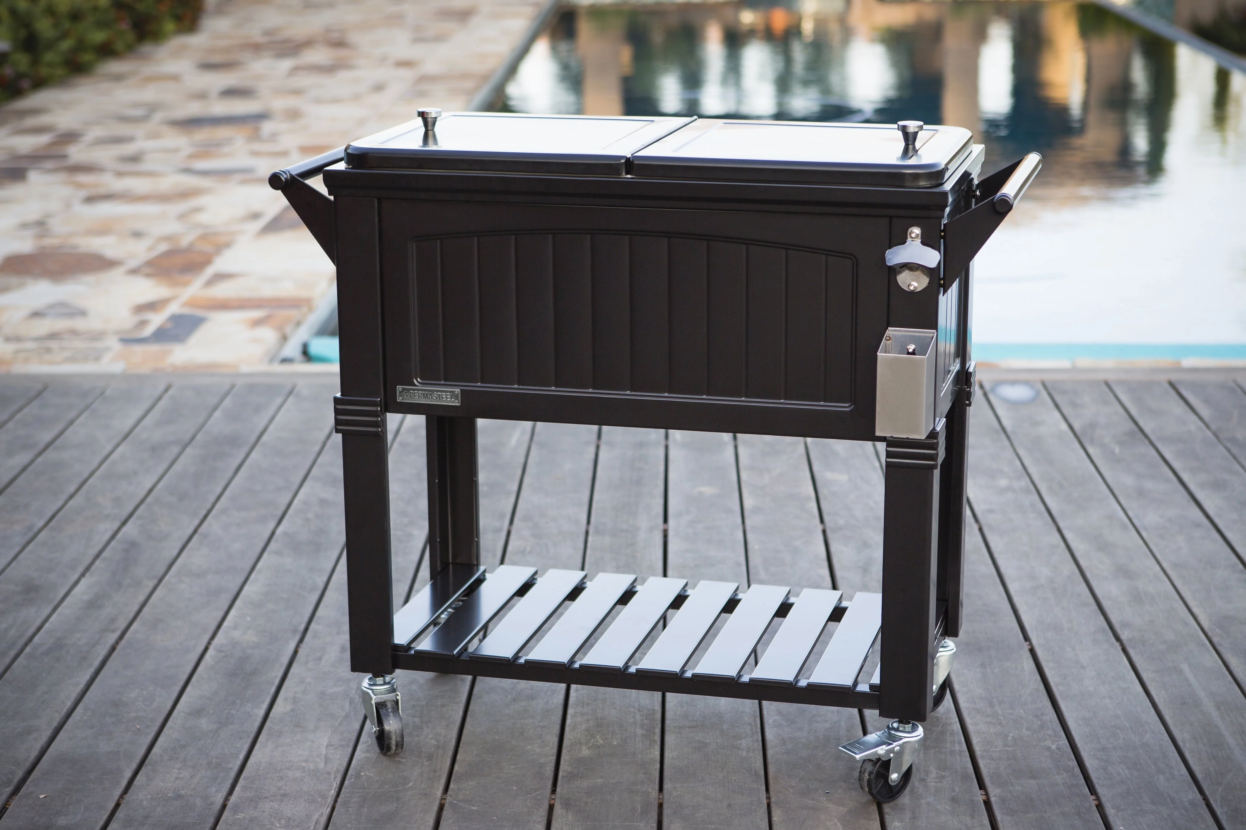 80 Qt Antique Outdoor Steel Patio Cooler on Wheels, Rolling Cooler Cart, Wooden Teak Style, Black(Black)