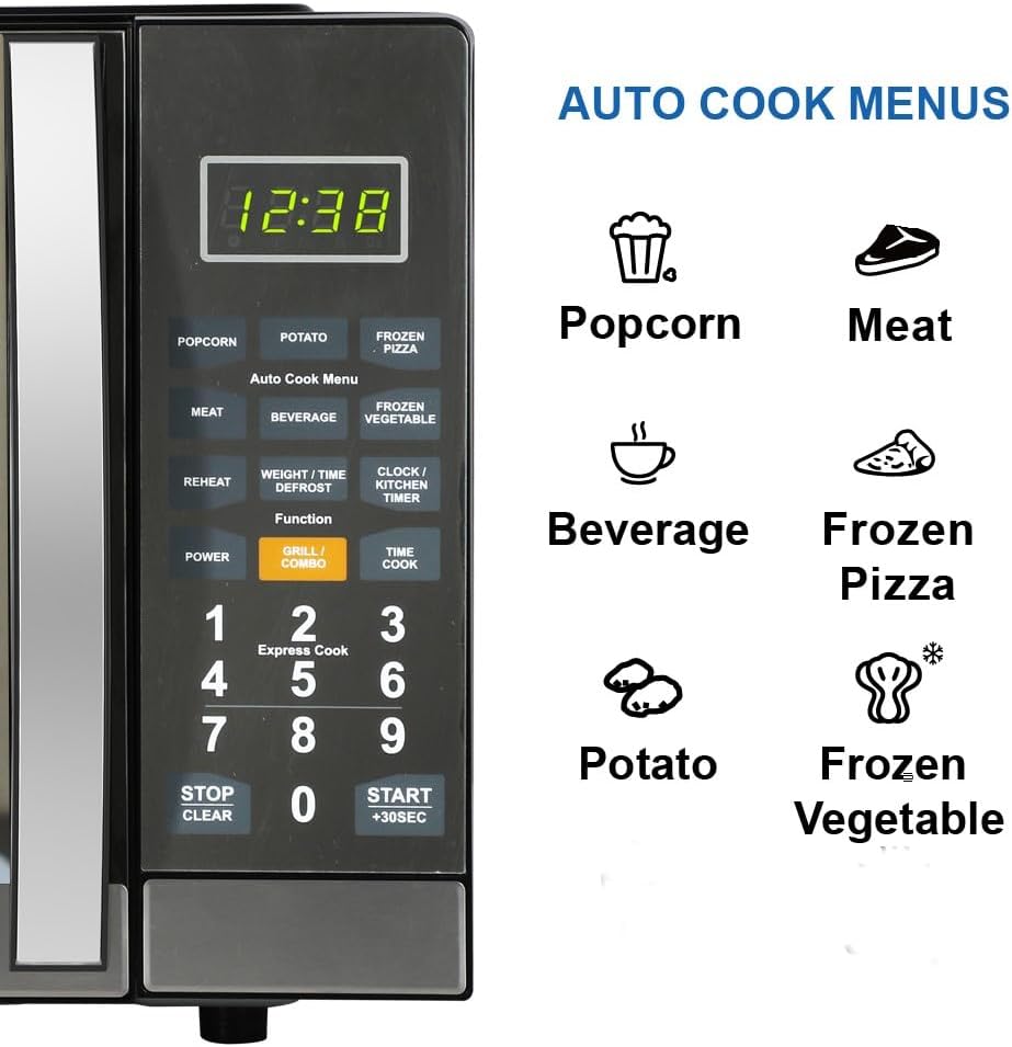 Emerson MWG1191SB 1.1 Cu1100W Power, Stainless Steel, LED Timer Display, 11 Power Levels, 9 Preset Cooking Options, Removable Glass Turntable, Child Lock, Built-in Grill Function Microwave
