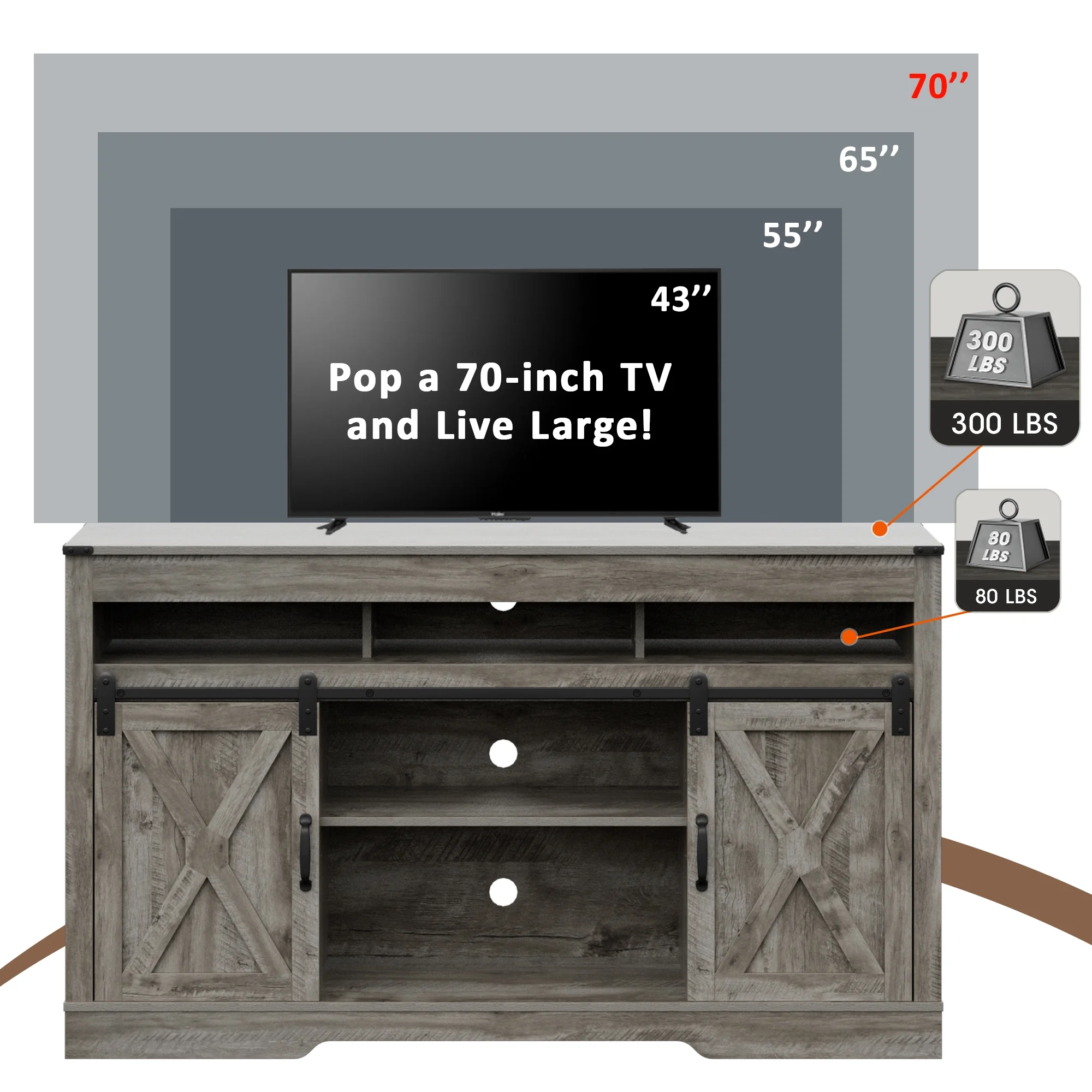 Farmhouse TV Stand for 65+ inch TV,34'' Tall Entertainment Center with Sliding Barn Doors, Rustic Wood Media Console Storage Cabinet Television Stand for Living Room, Light Grey(TV Stand 2/Light Grey) - Image 4